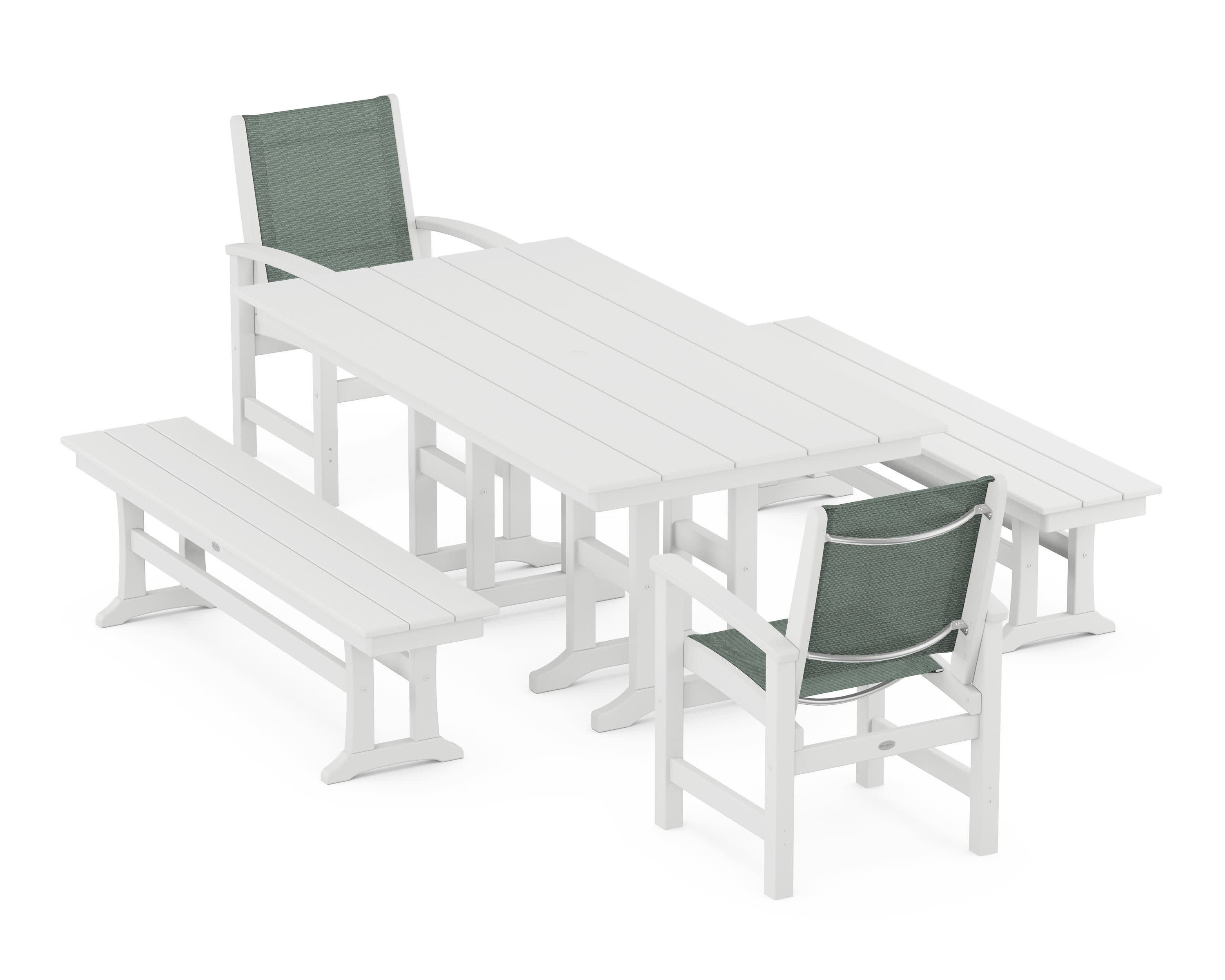Coastal 5-Piece Farmhouse Dining Set in White / Dupioni Sea Mist Sling