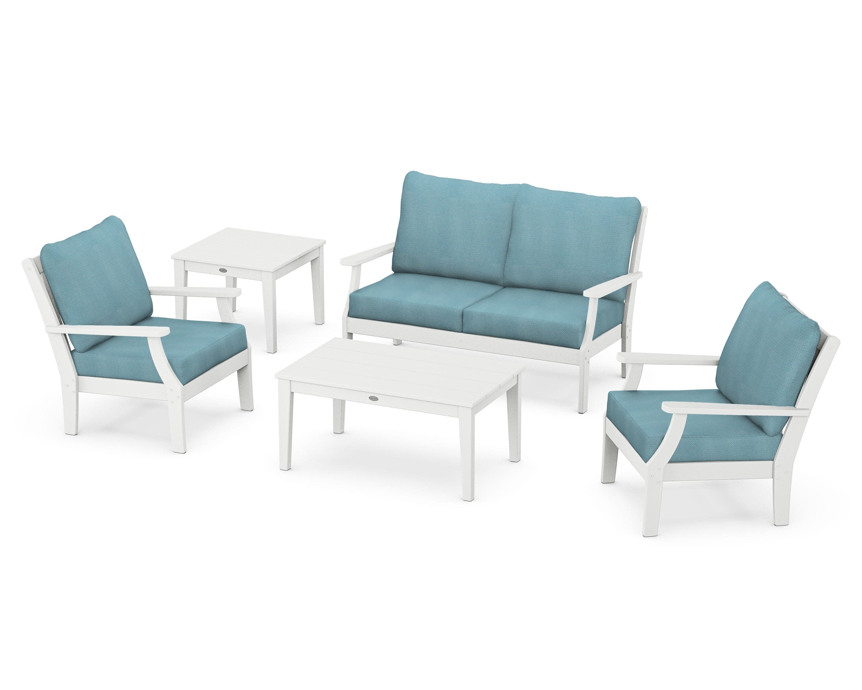 Braxton 5-Piece Deep Seating Set in White / Lattice Sky Blue