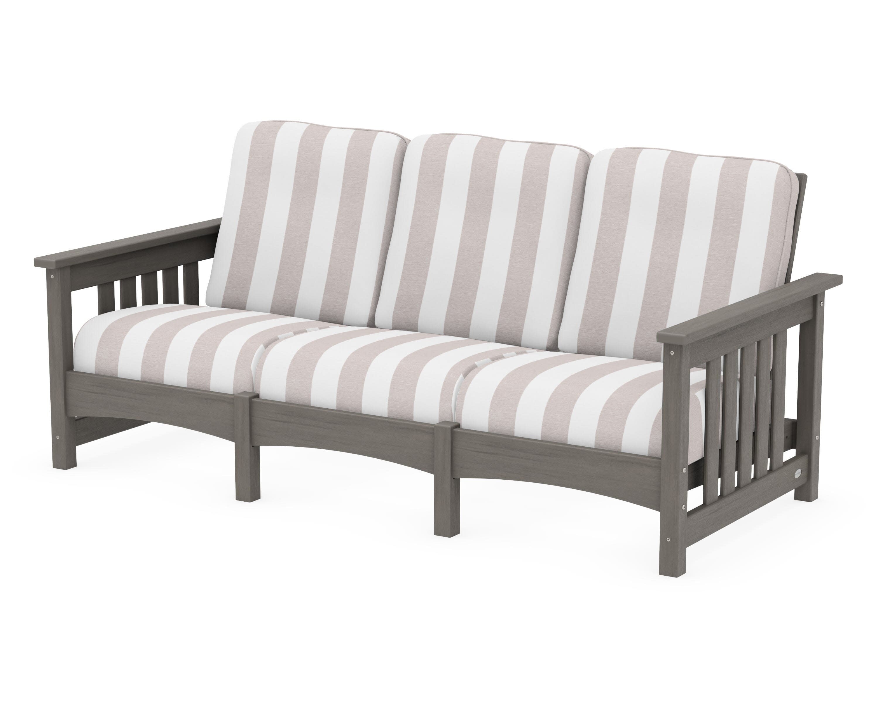 Club Mission Sofa in Driftwood / Cabana Stripe Dune Burlap