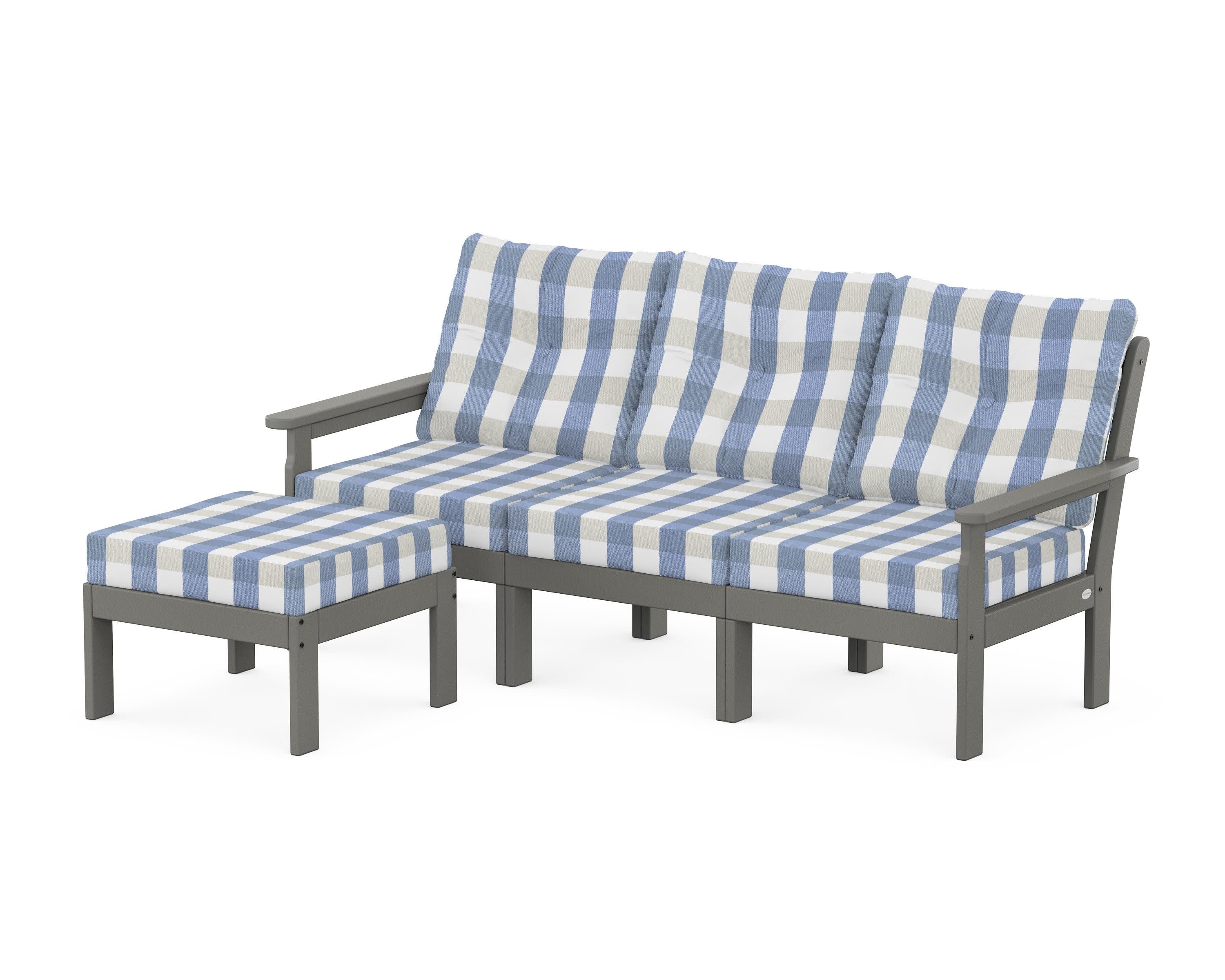Vineyard 4-Piece Sectional with Ottoman in Slate Grey / Buffalo Plaid Sky Blue