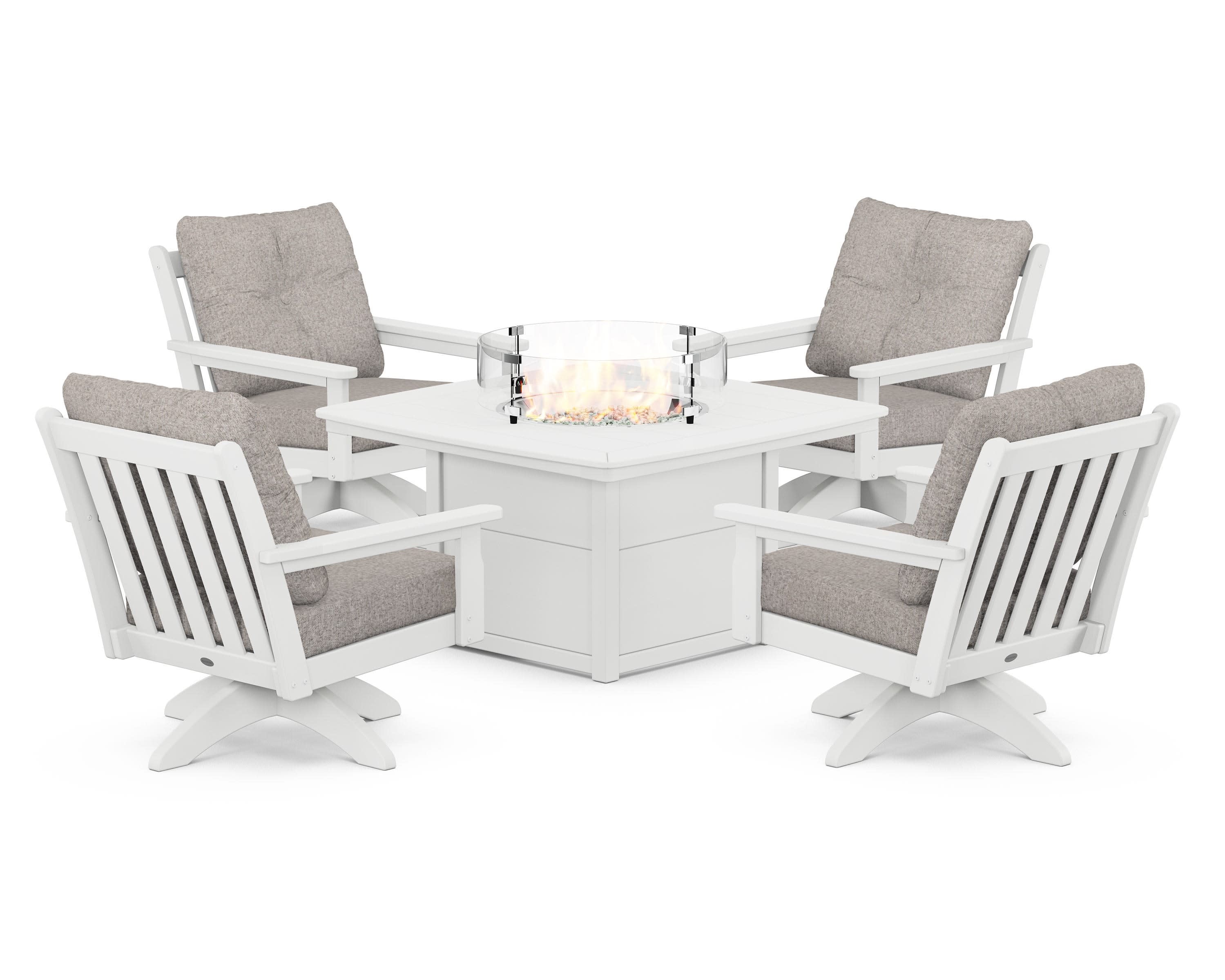 Vineyard 5-Piece Deep Seating Swivel Conversation Set with Fire Pit Table in White / Weathered Tweed