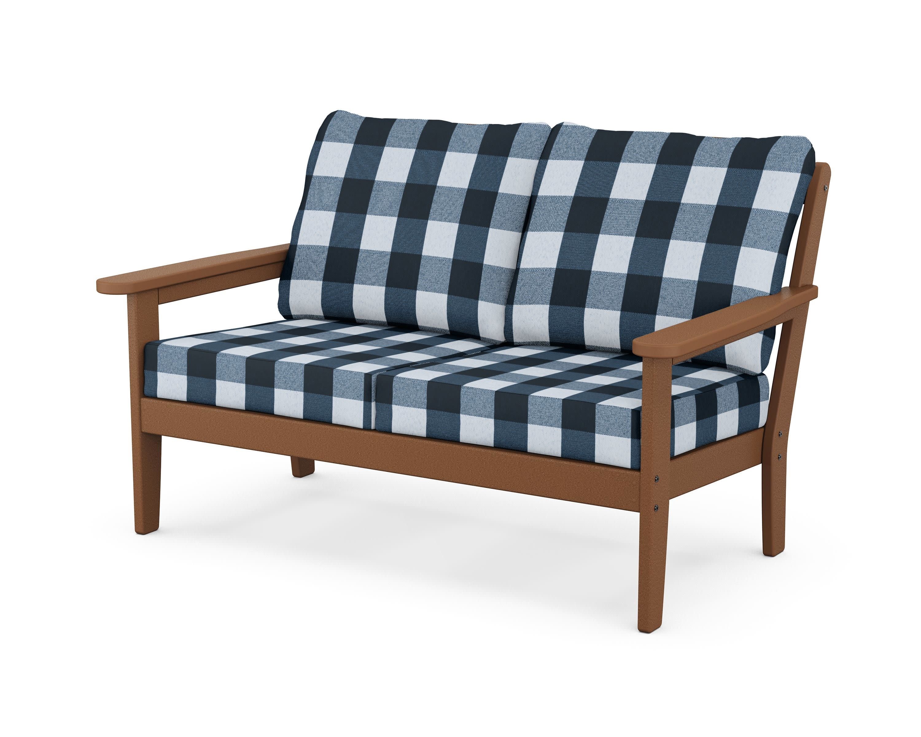 Cottage Deep Seating Loveseat in Teak / Buffalo Plaid Marine Indigo