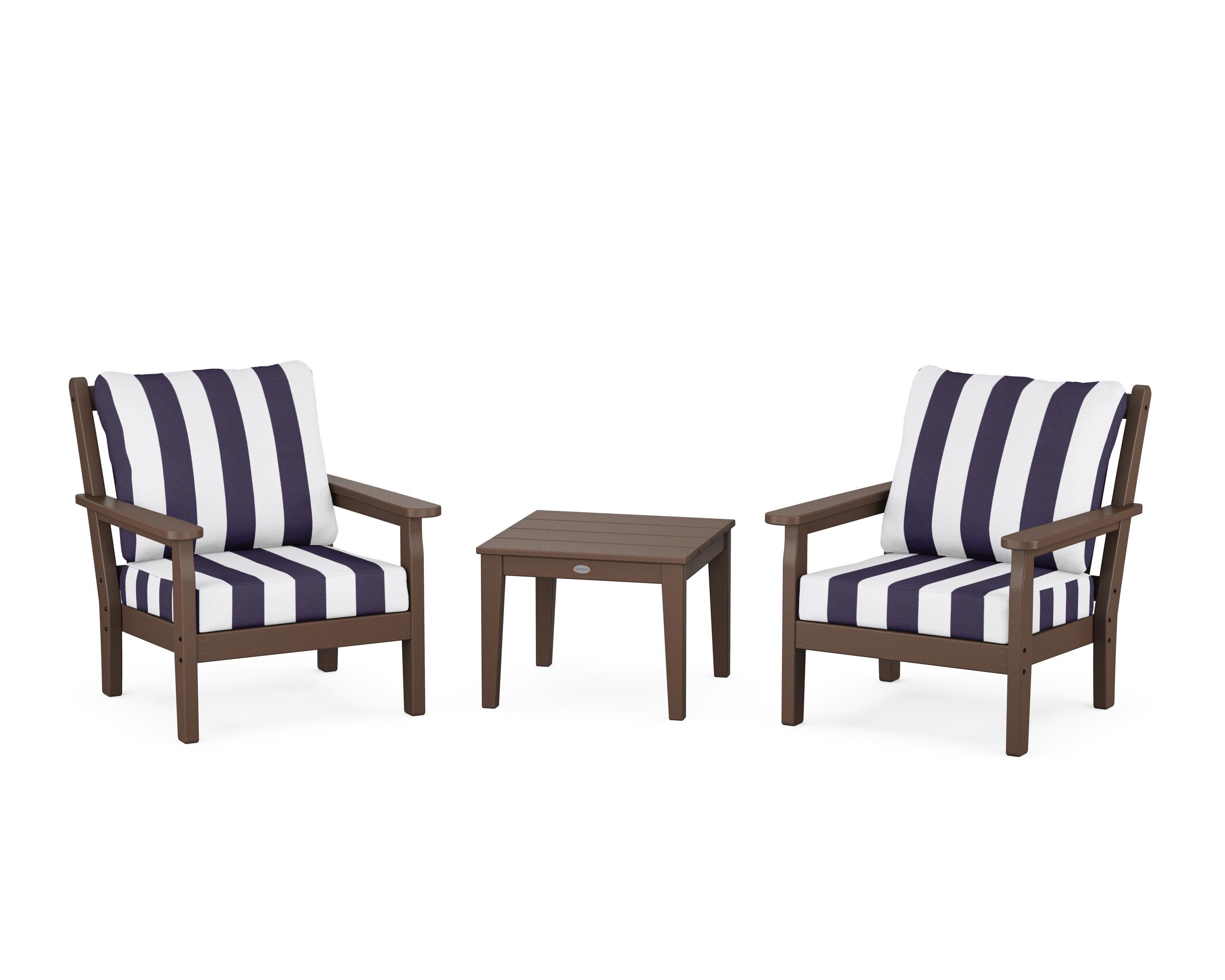 Chippendale 3-Piece Deep Seating Set in Mahogany / Cabana Stripe Navy