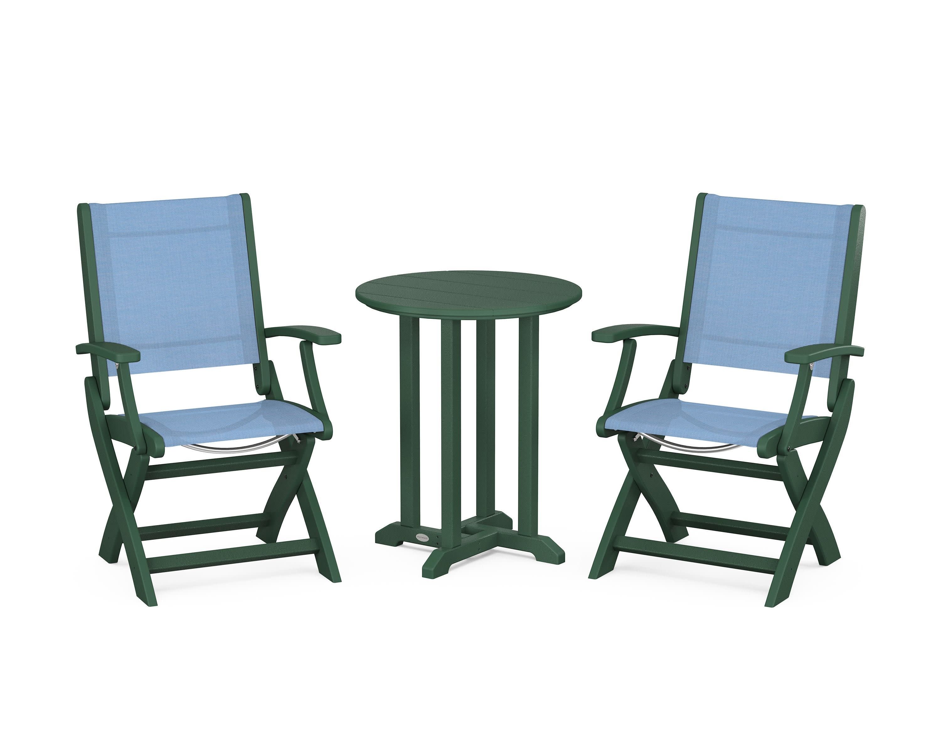 Coastal Folding 3-Piece Round Bistro Dining Set in Green / Poolside Sling