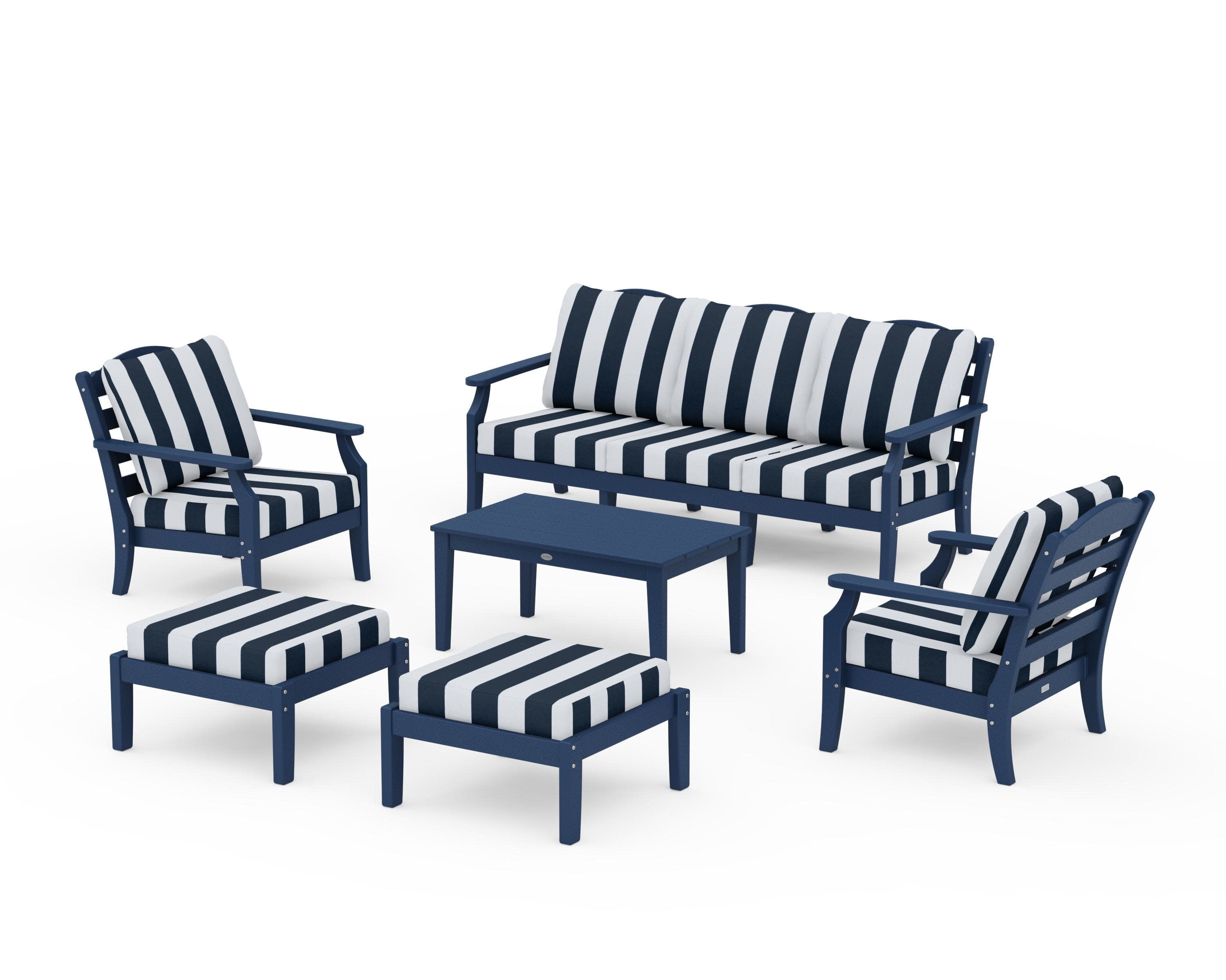Savannah 6-Piece Lounge Sofa Set in Navy / Cabana Stripe Marine Indigo