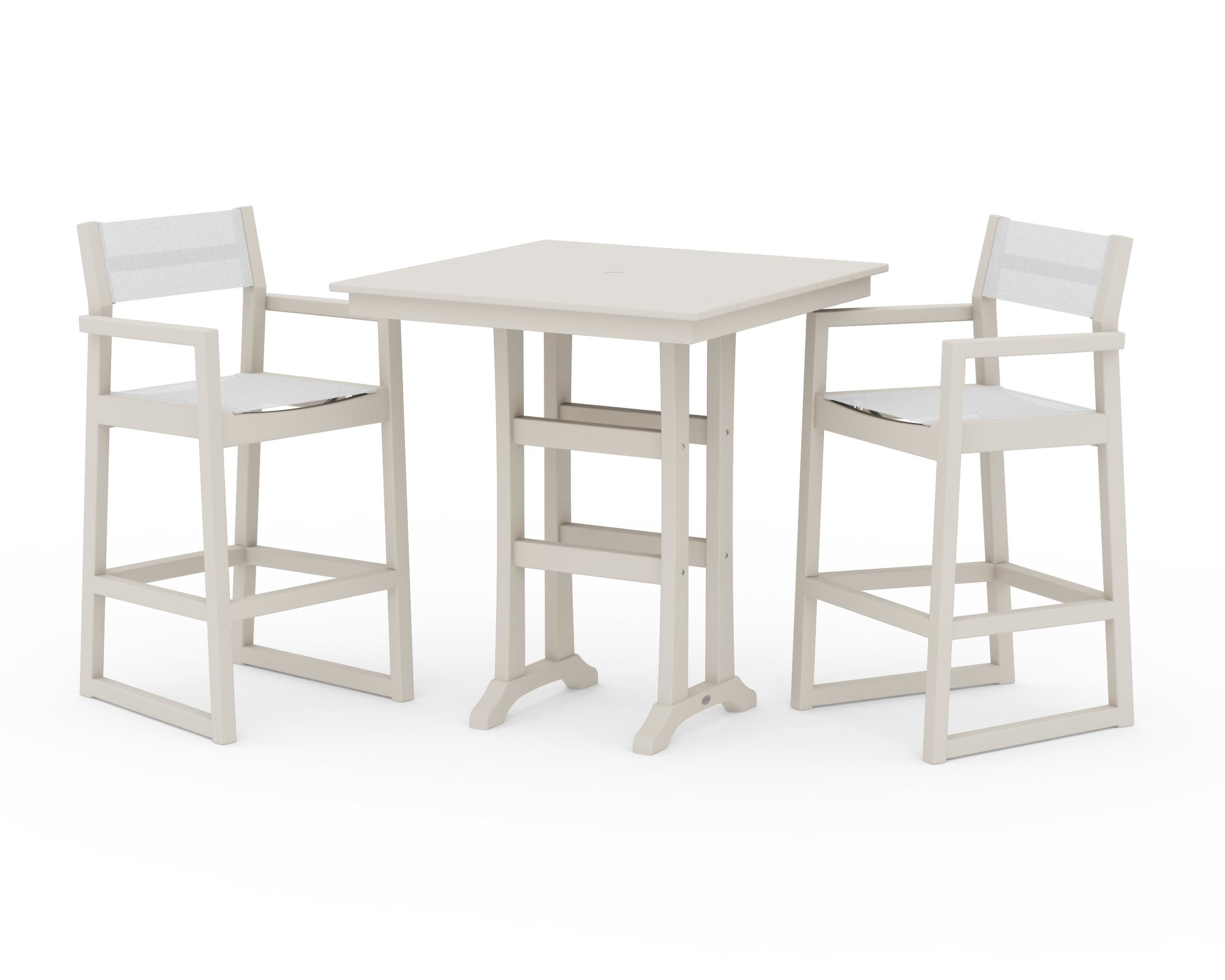EDGE Sling Arm Chair 3-Piece Farmhouse Bar Set with Trestle Legs in Sand / White Sling