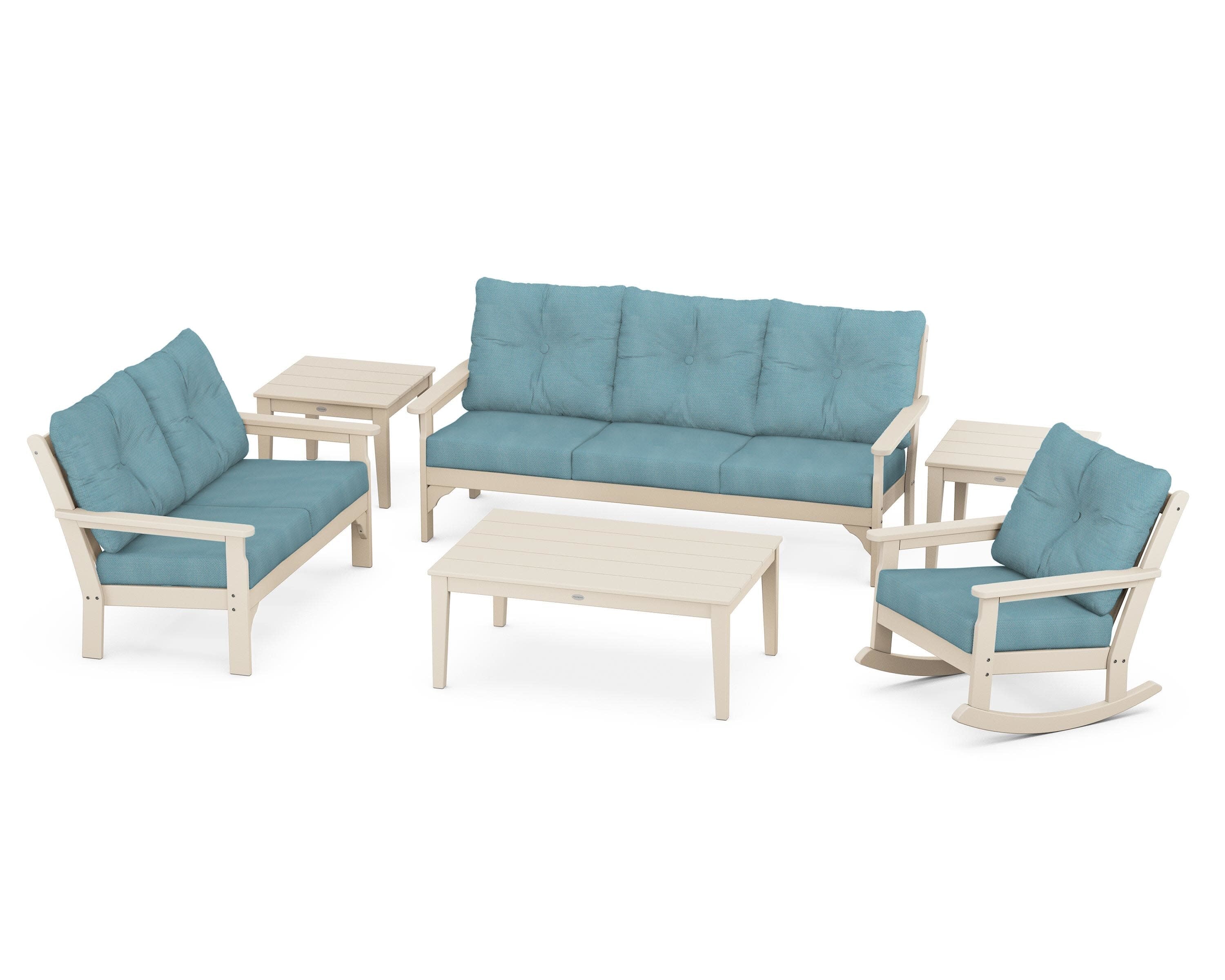 Vineyard 6-Piece Deep Seating Set in Sand / Lattice Sky Blue