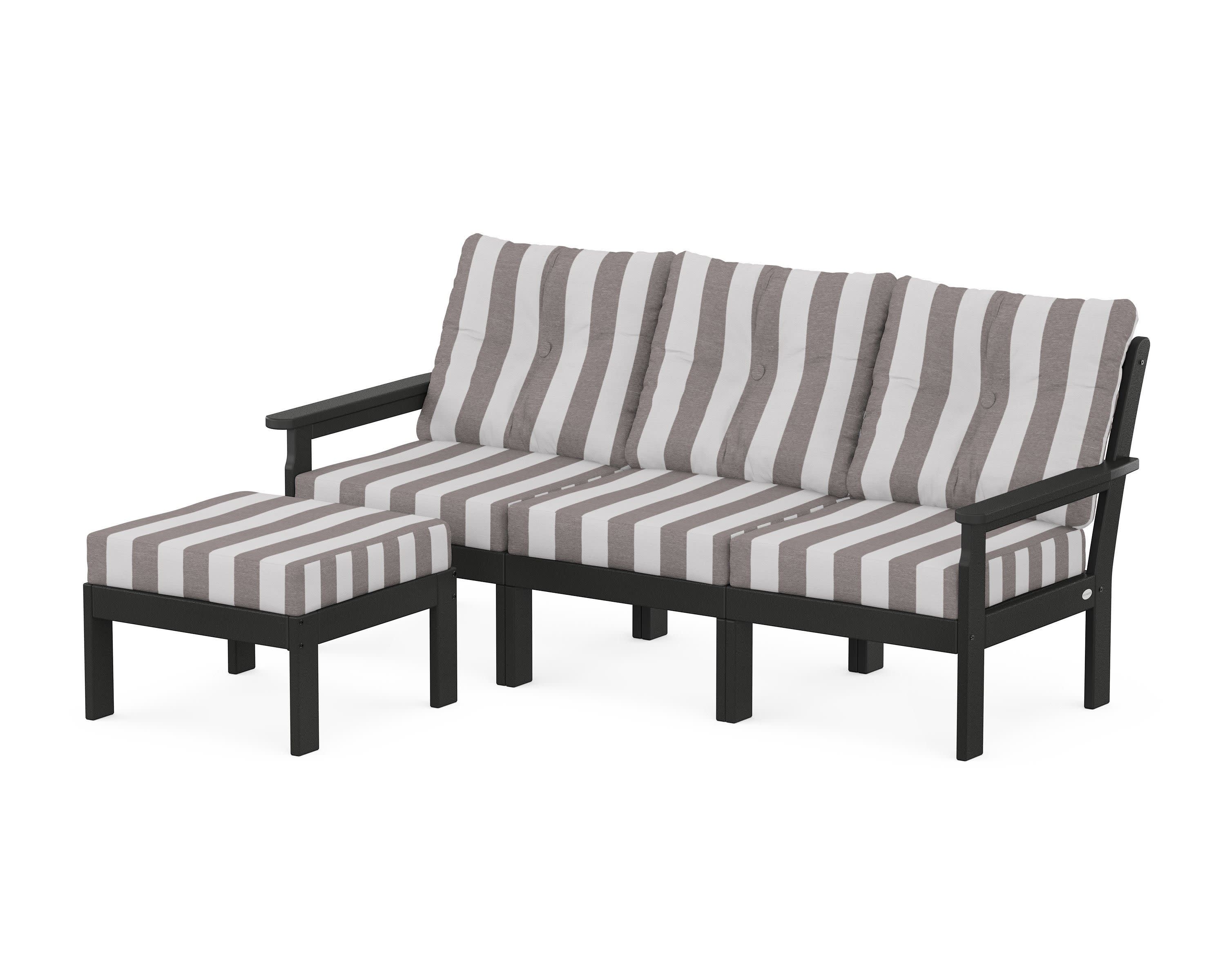 Vineyard 4-Piece Sectional with Ottoman in Black / Cabana Stripe Grey Mist
