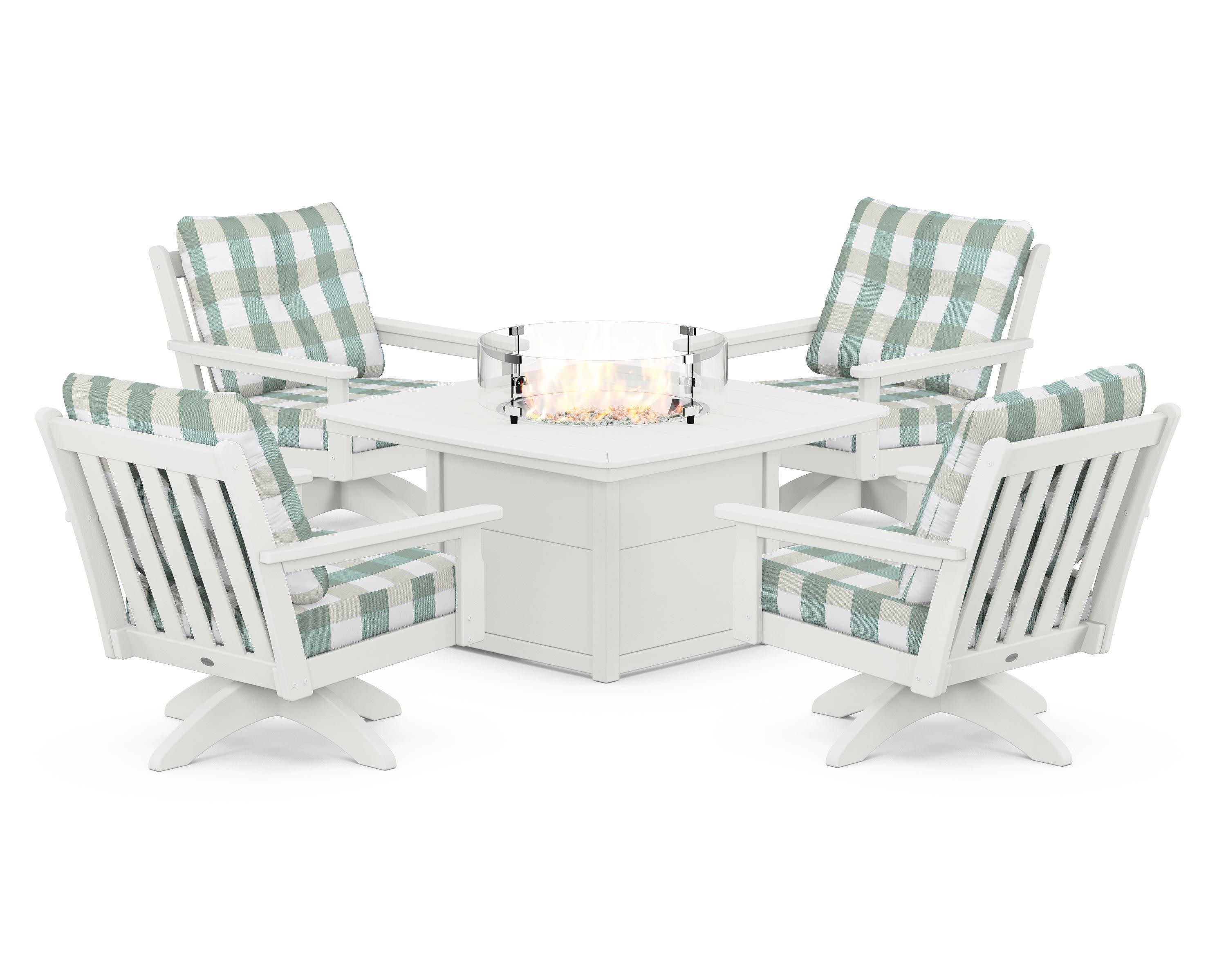 Vineyard 5-Piece Deep Seating Swivel Conversation Set with Fire Pit Table in Vintage White / Buffalo Plaid Glacier Spa