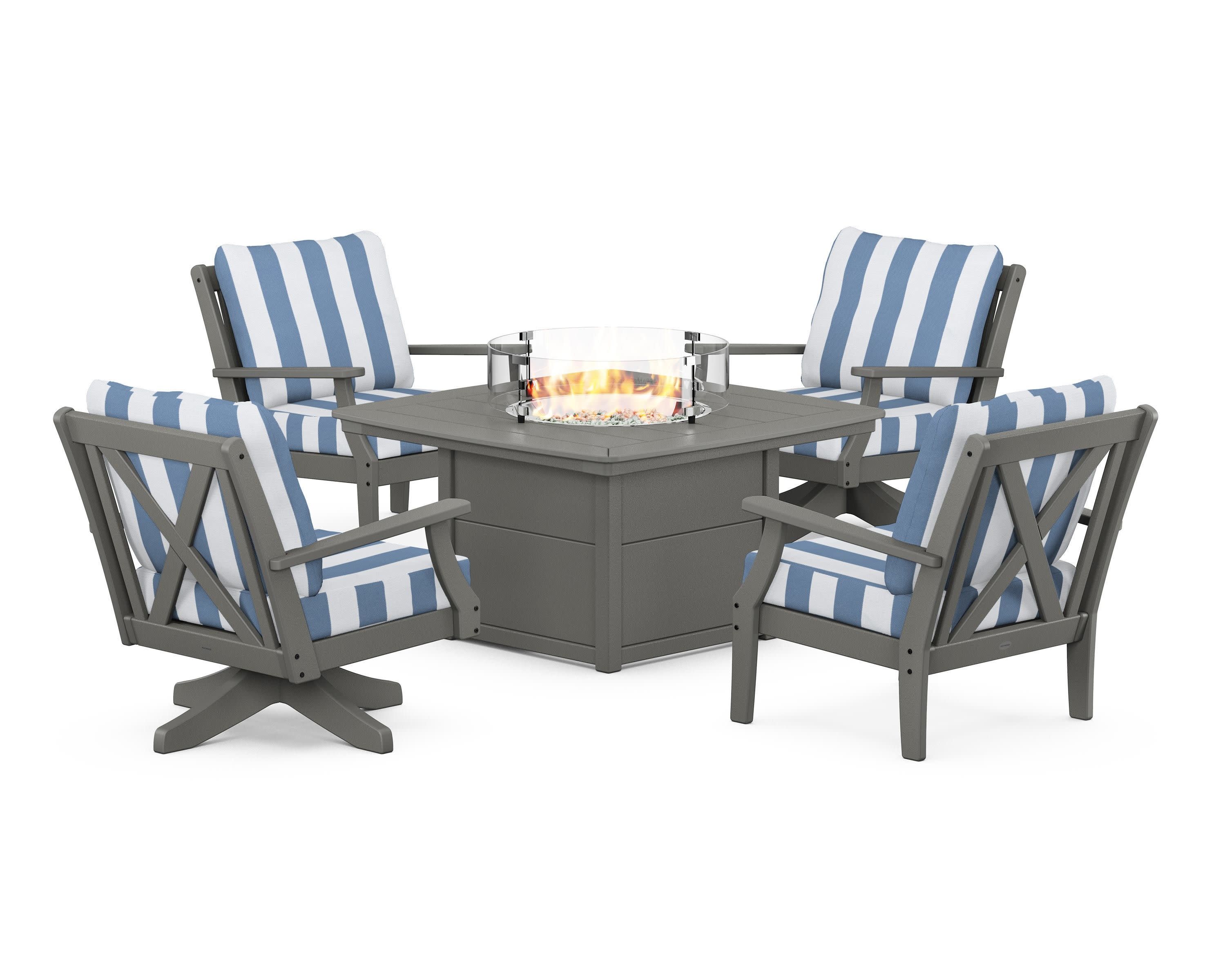 Braxton 5-Piece Deep Seating Set with Fire Table in Slate Grey / Cabana Stripe Sky Blue