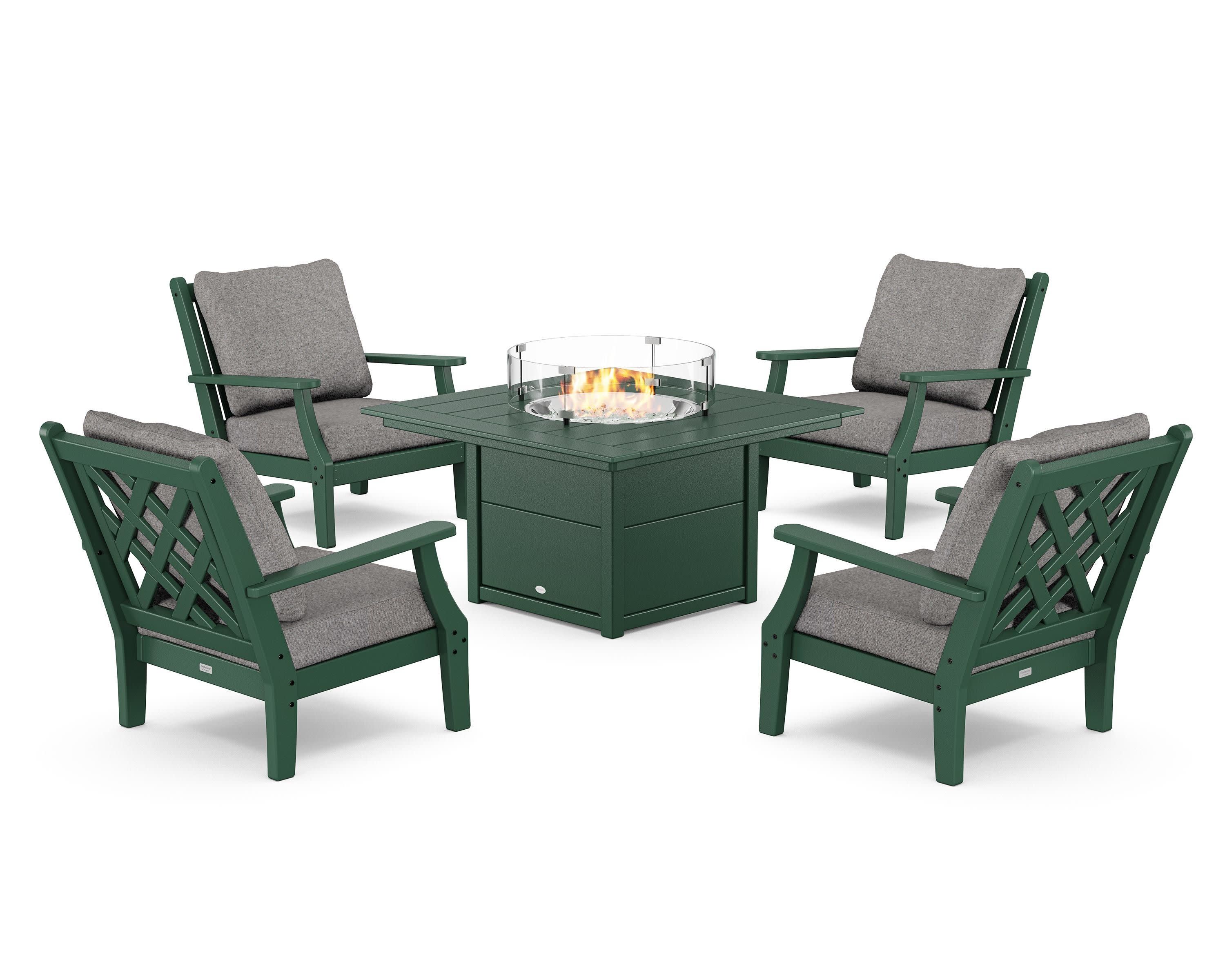 Wovendale 5-Piece Deep Seating Set with Fire Pit Table in Green / Grey Mist