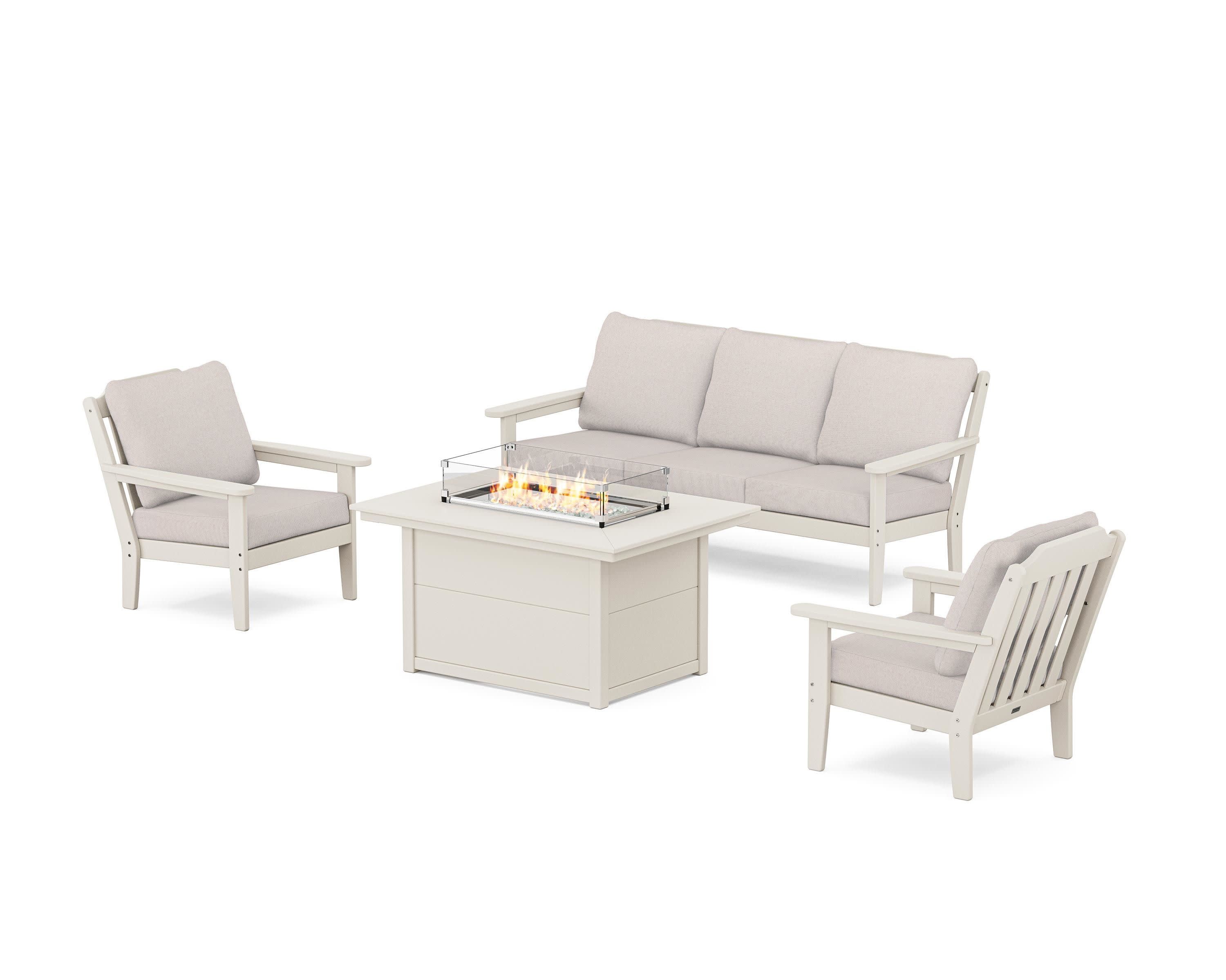 Cottage Deep Seating Fire Pit Table Set in Sand / Dune Burlap