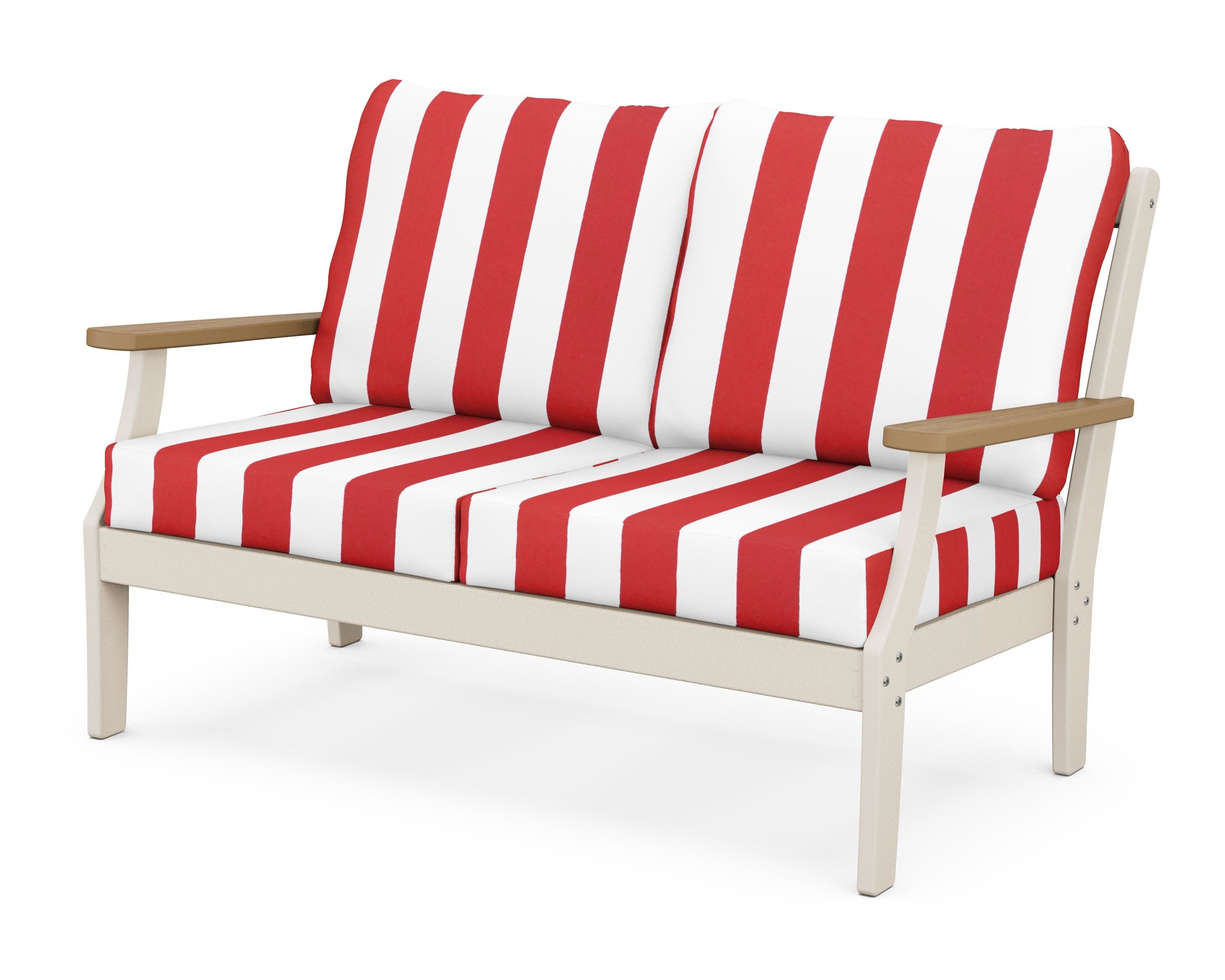 Braxton Deep Seating Loveseat in Sand / Natural / Cabana Stripe Crimson