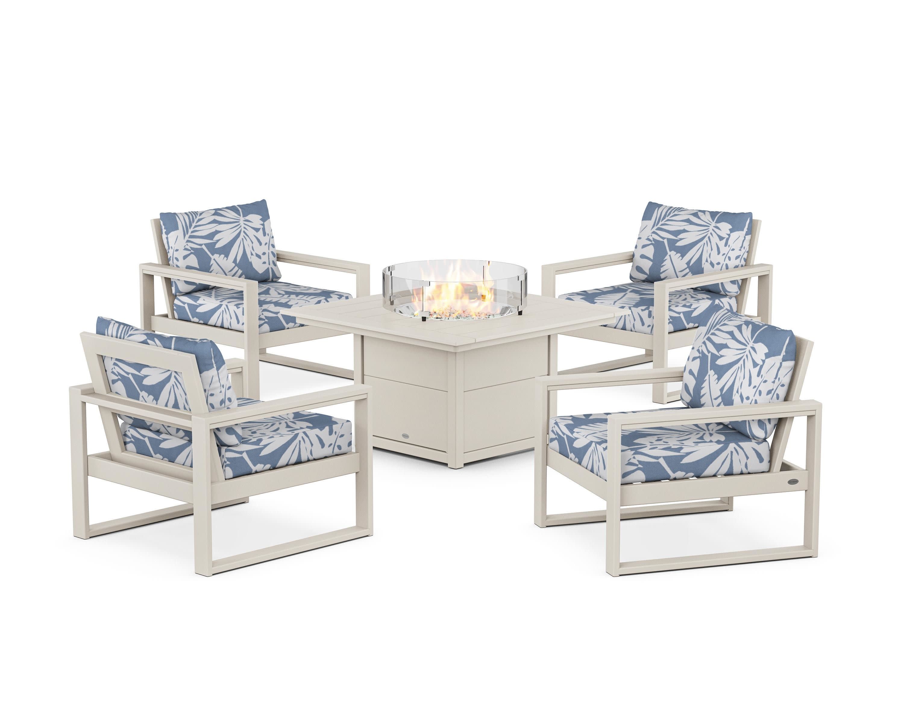 EDGE Sectional 5-Piece Deep Seating Set with Fire Pit Table in Sand / Leaf Sky Blue