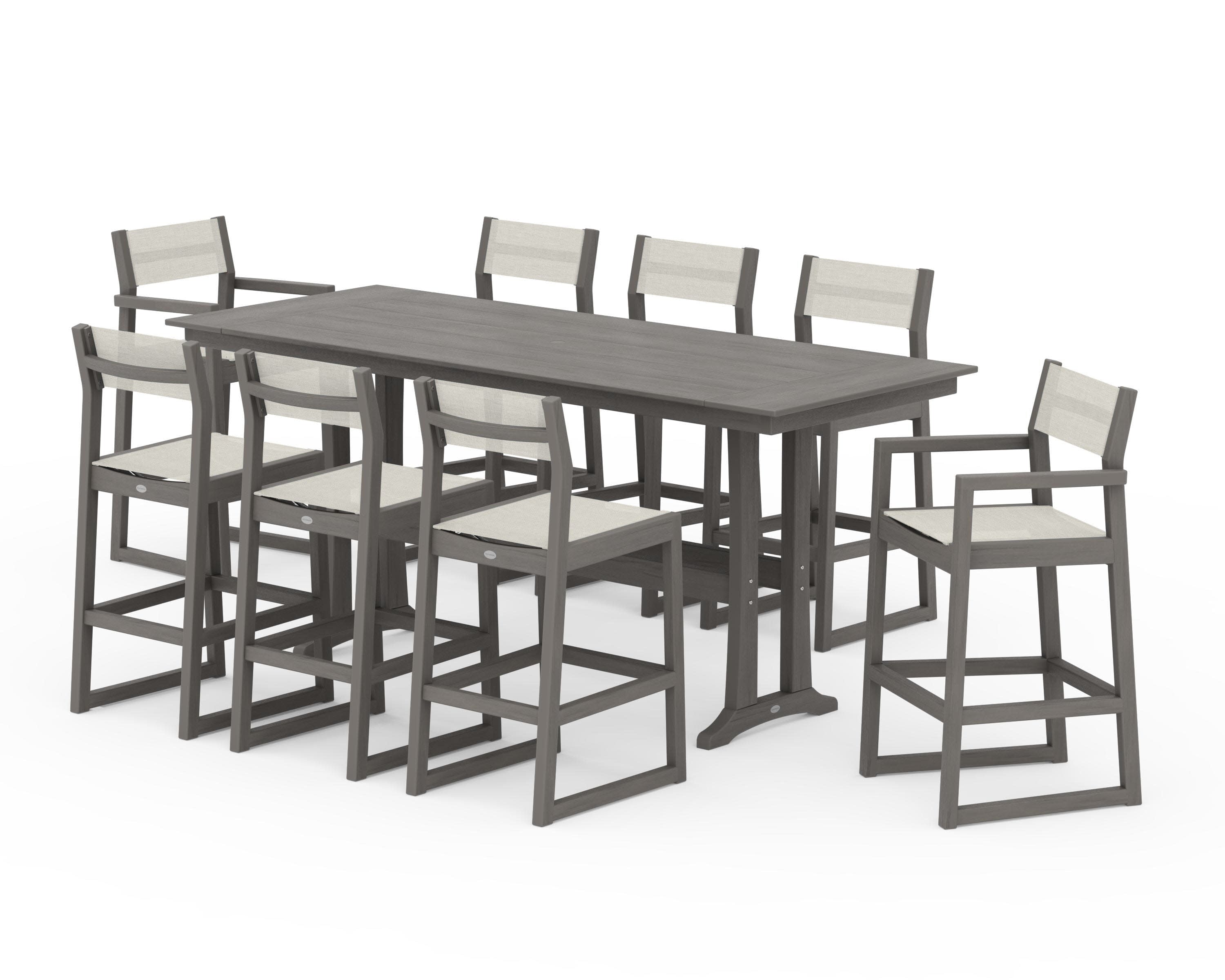 EDGE Sling 9-Piece Farmhouse Bar Set with Trestle Legs in Driftwood / Parchment Sling