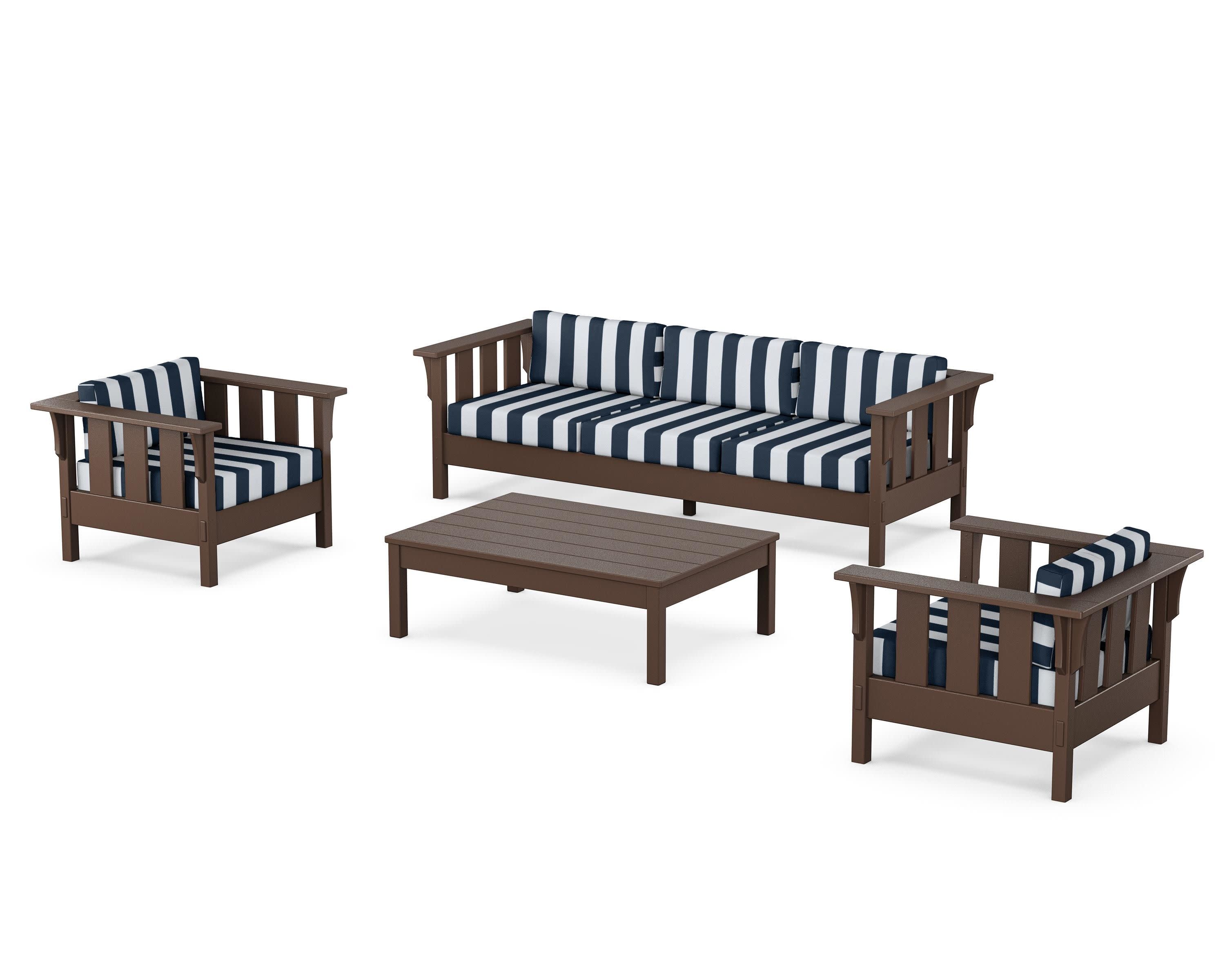 Acadia 4-Piece Deep Seating Set with Sofa in Mahogany / Cabana Stripe Marine Indigo