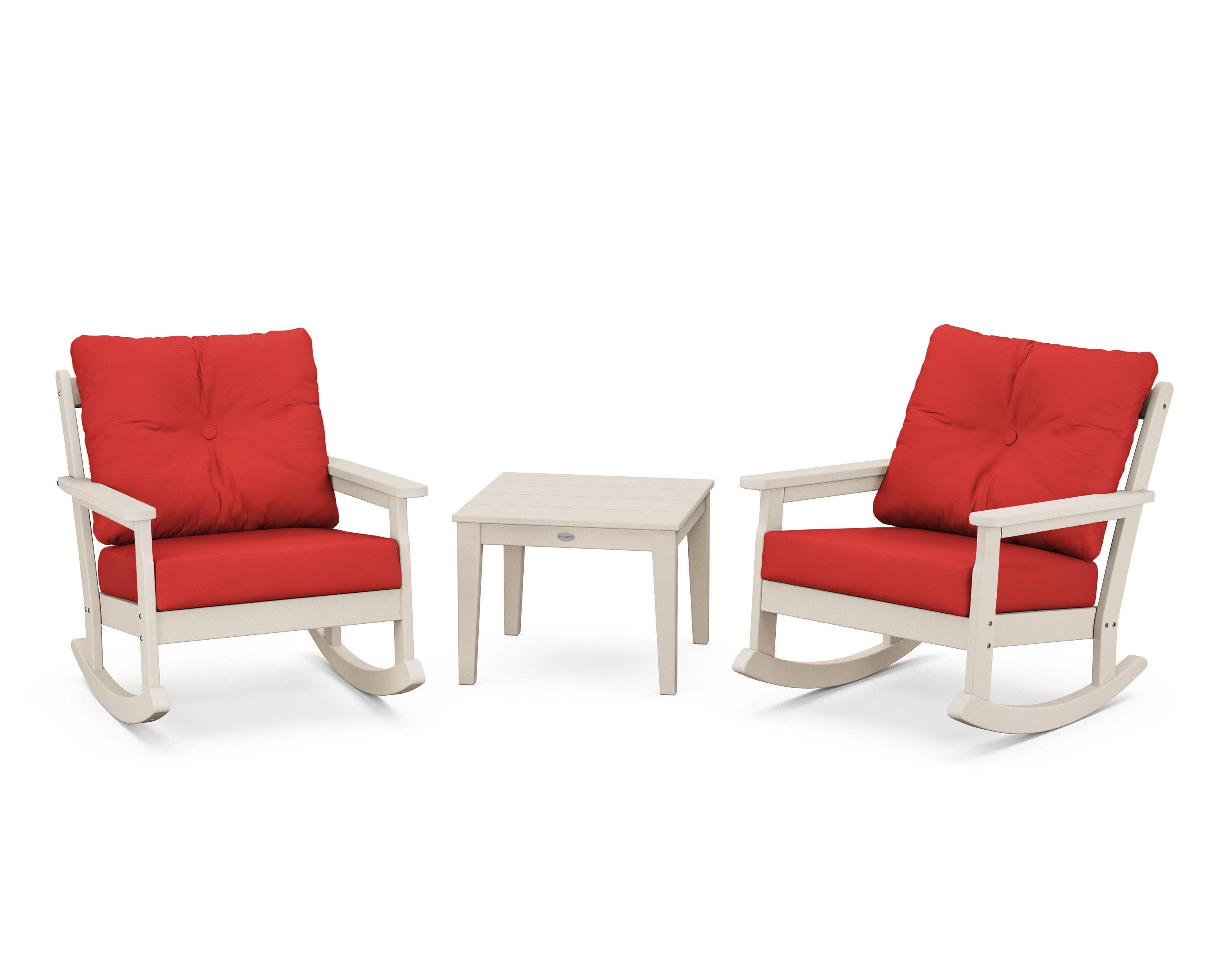 Vineyard 3-Piece Deep Seating Rocker Set in Sand / Crimson Linen