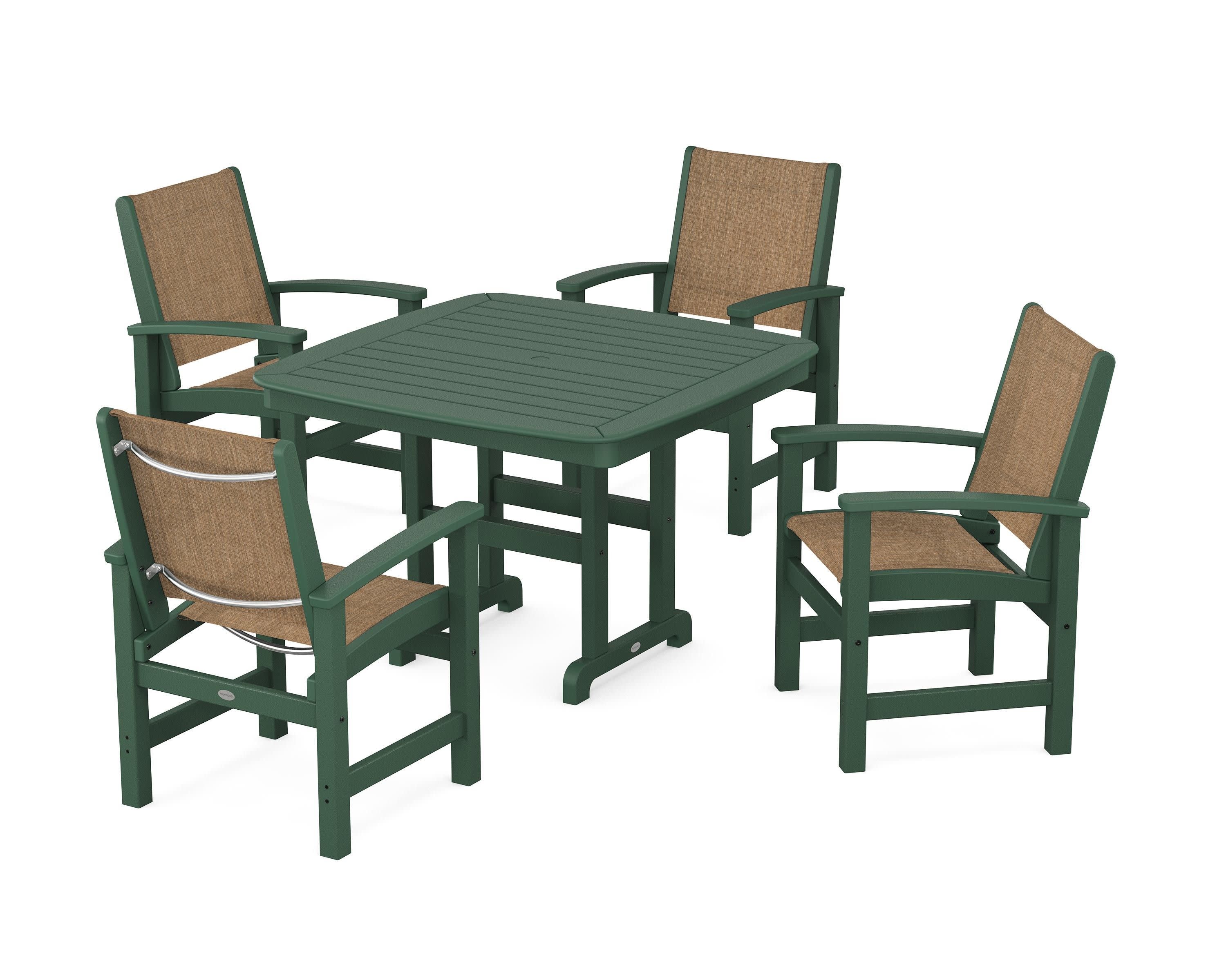 Coastal 5-Piece Dining Set in Green / Burlap Sling