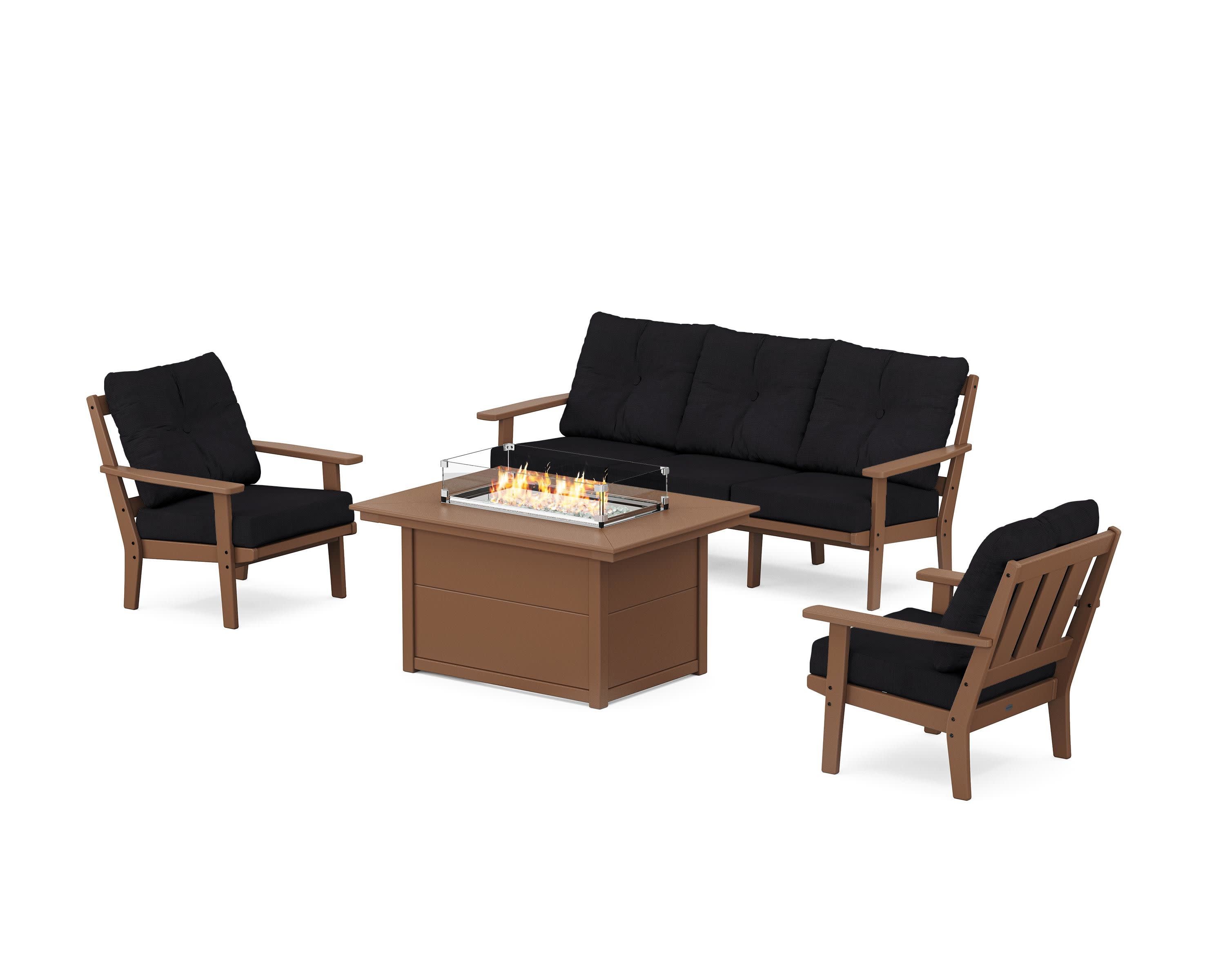 Oxford Deep Seating Fire Pit Table Set in Teak / Midnight Linen