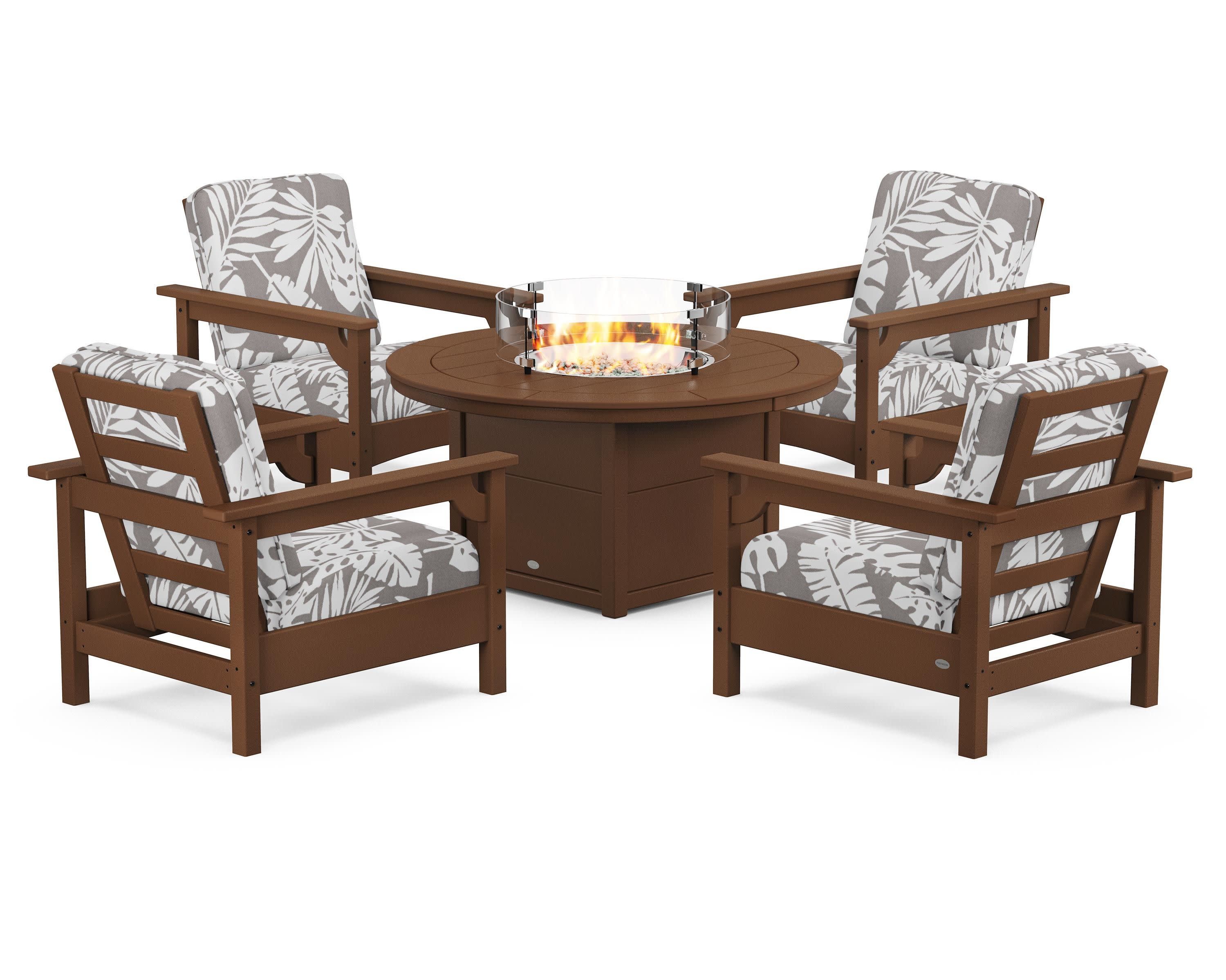 Club 5-Piece Conversation Set with Fire Pit Table in Teak / Leaf Grey Mist