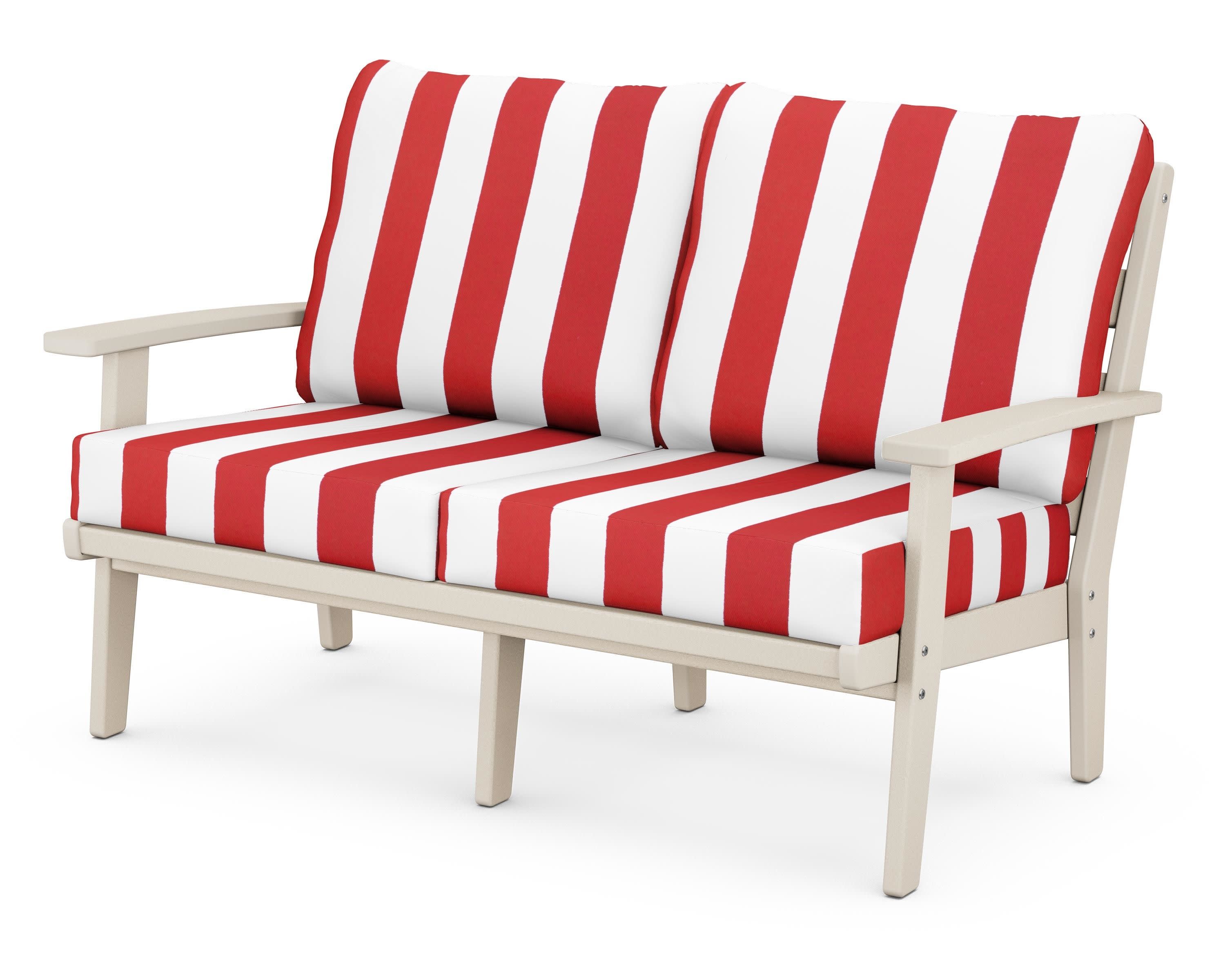 Grant Park Deep Seating Loveseat in Sand / Cabana Stripe Crimson