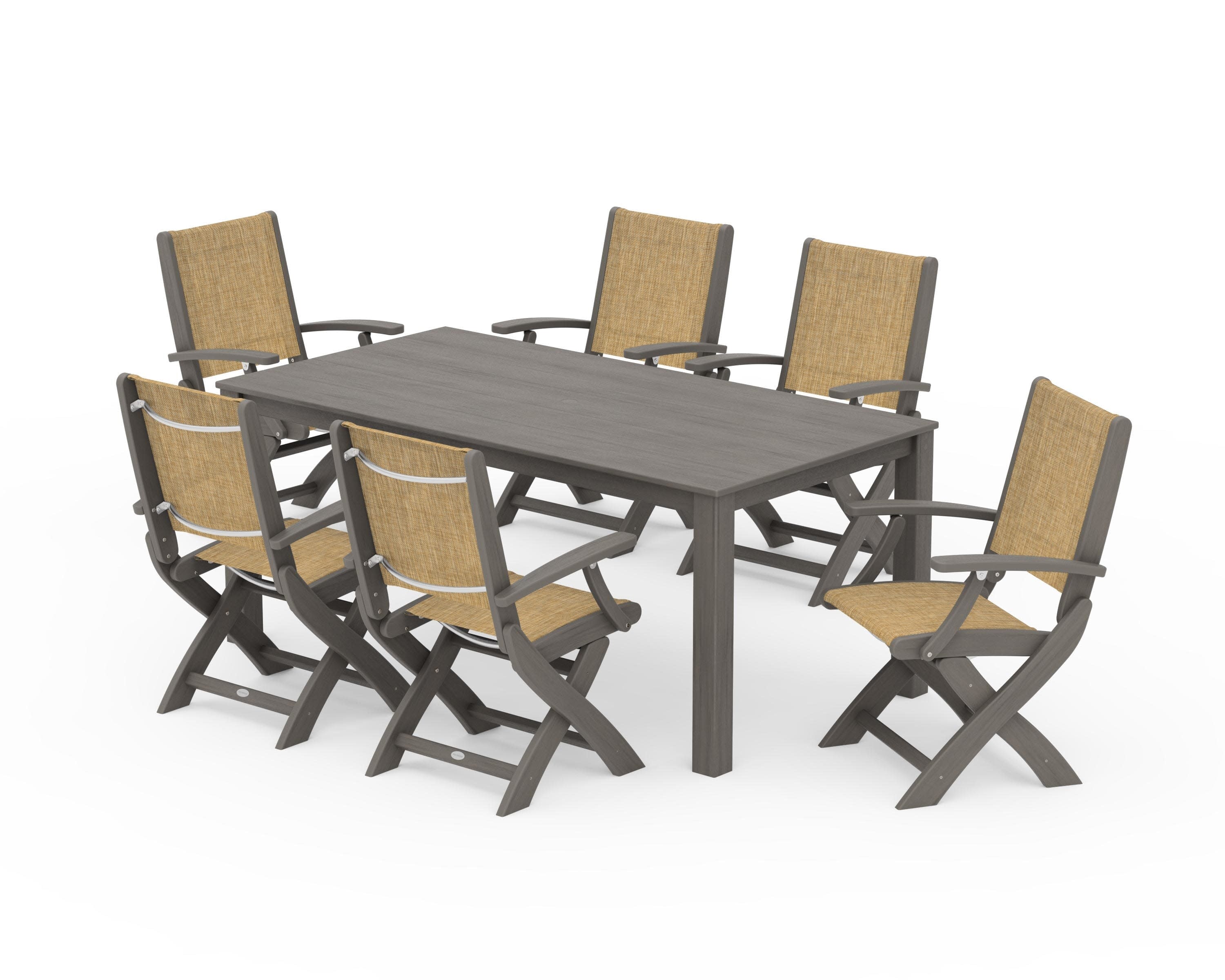 Coastal Folding Chair 7-Piece Parsons Dining Set in Driftwood / Burlap Sling