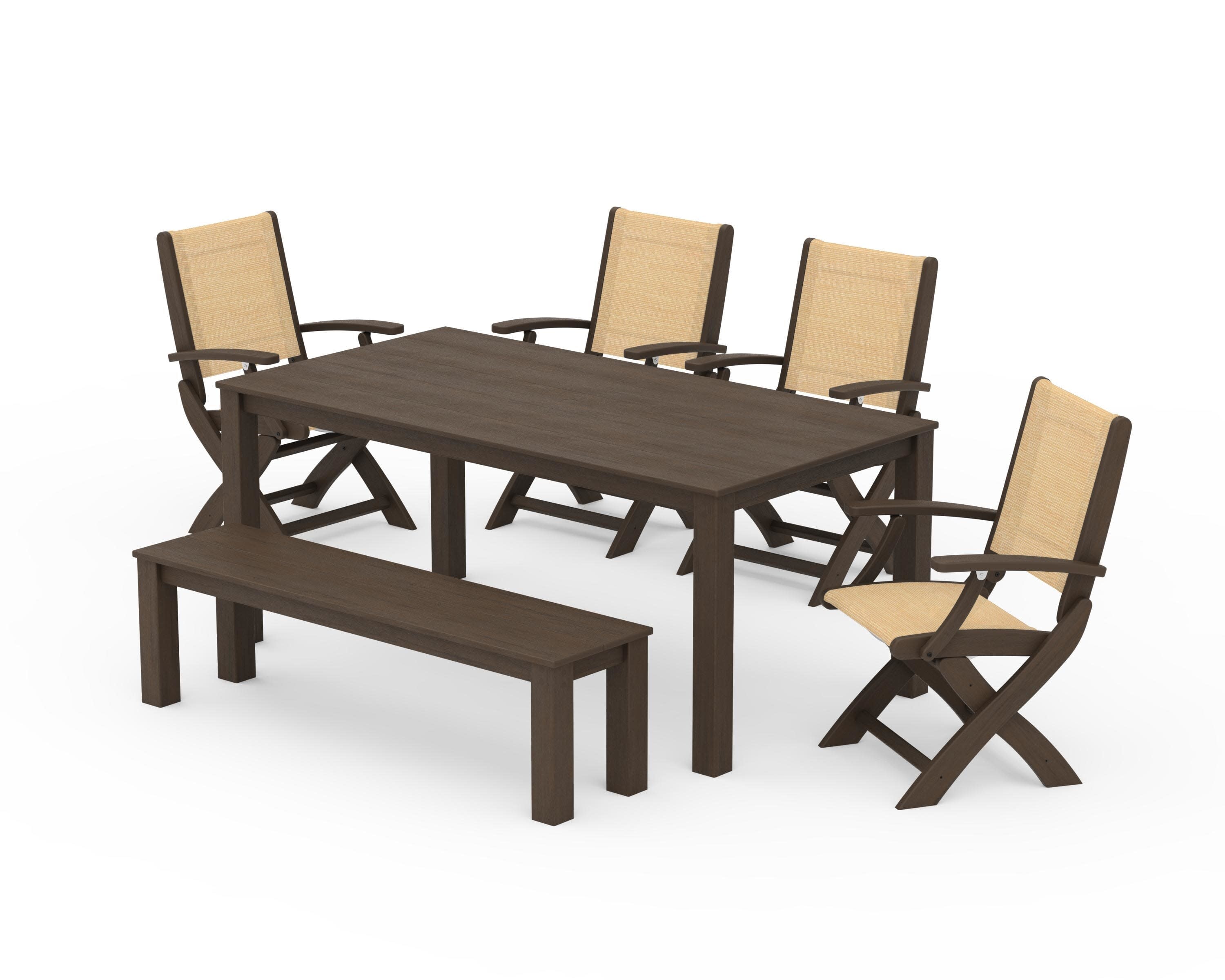 Coastal Folding Chair 6-Piece Parsons Dining Set with Bench in Kona / Dupioni Apricot Sling