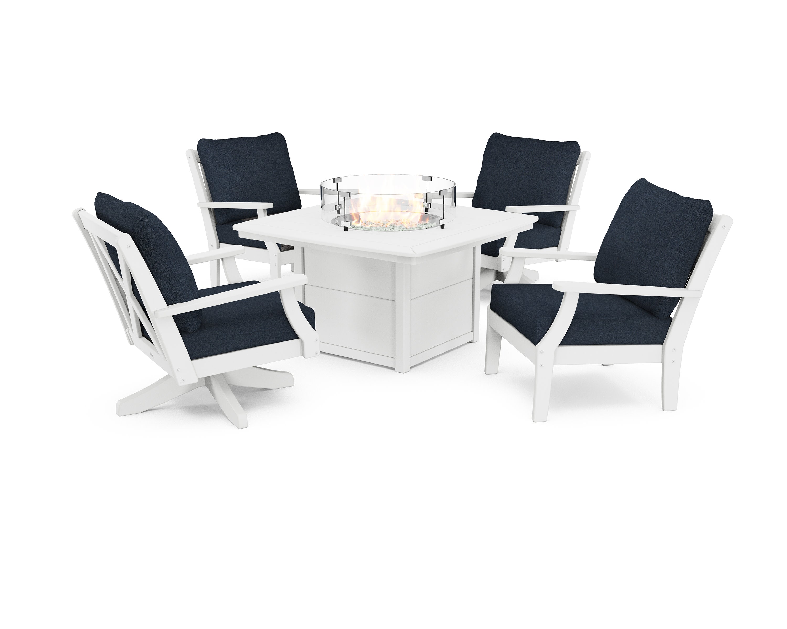 Braxton 5-Piece Deep Seating Set with Fire Table in White / Marine Indigo