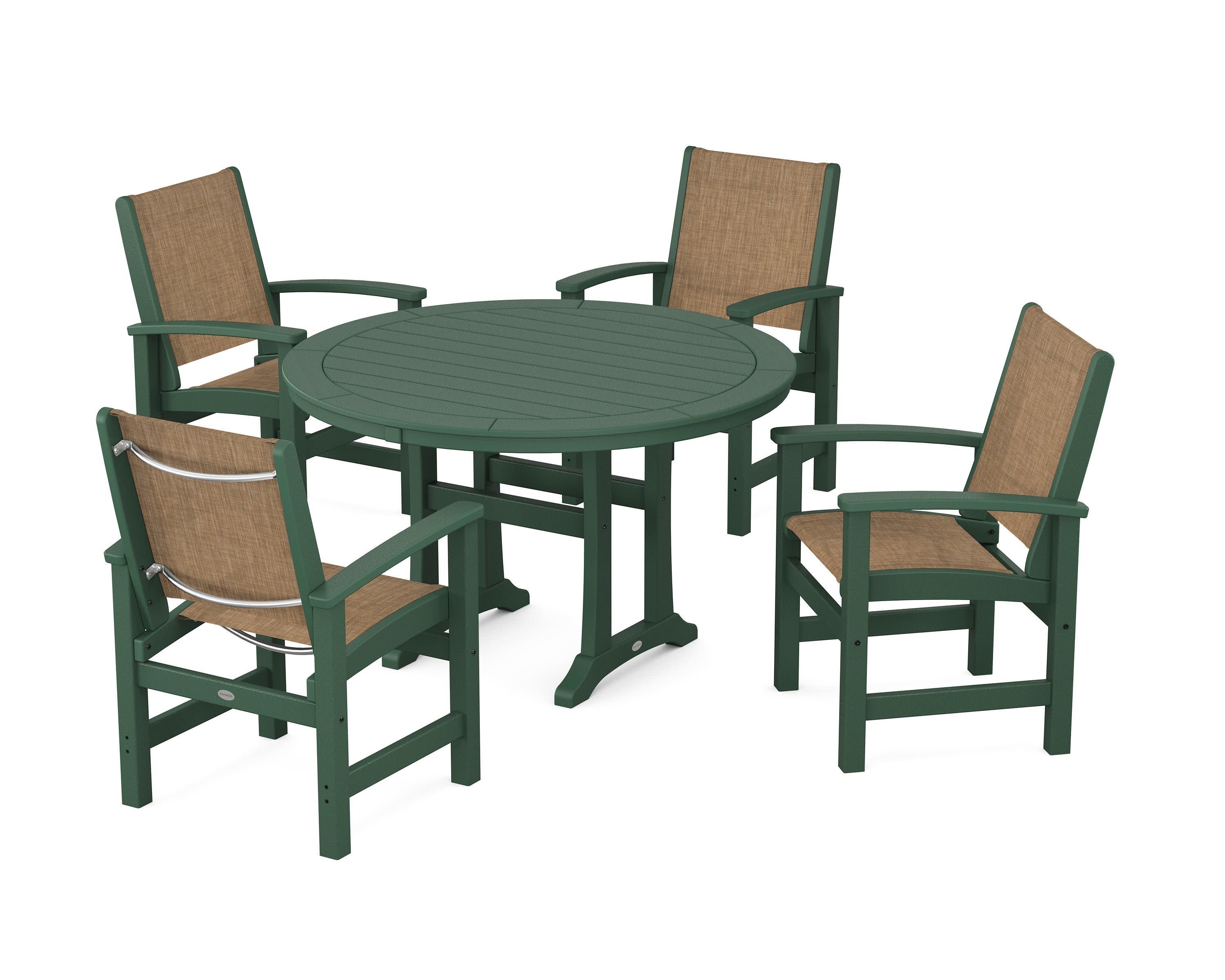 Coastal 5-Piece Round Dining Set with Trestle Legs in Green / Burlap Sling