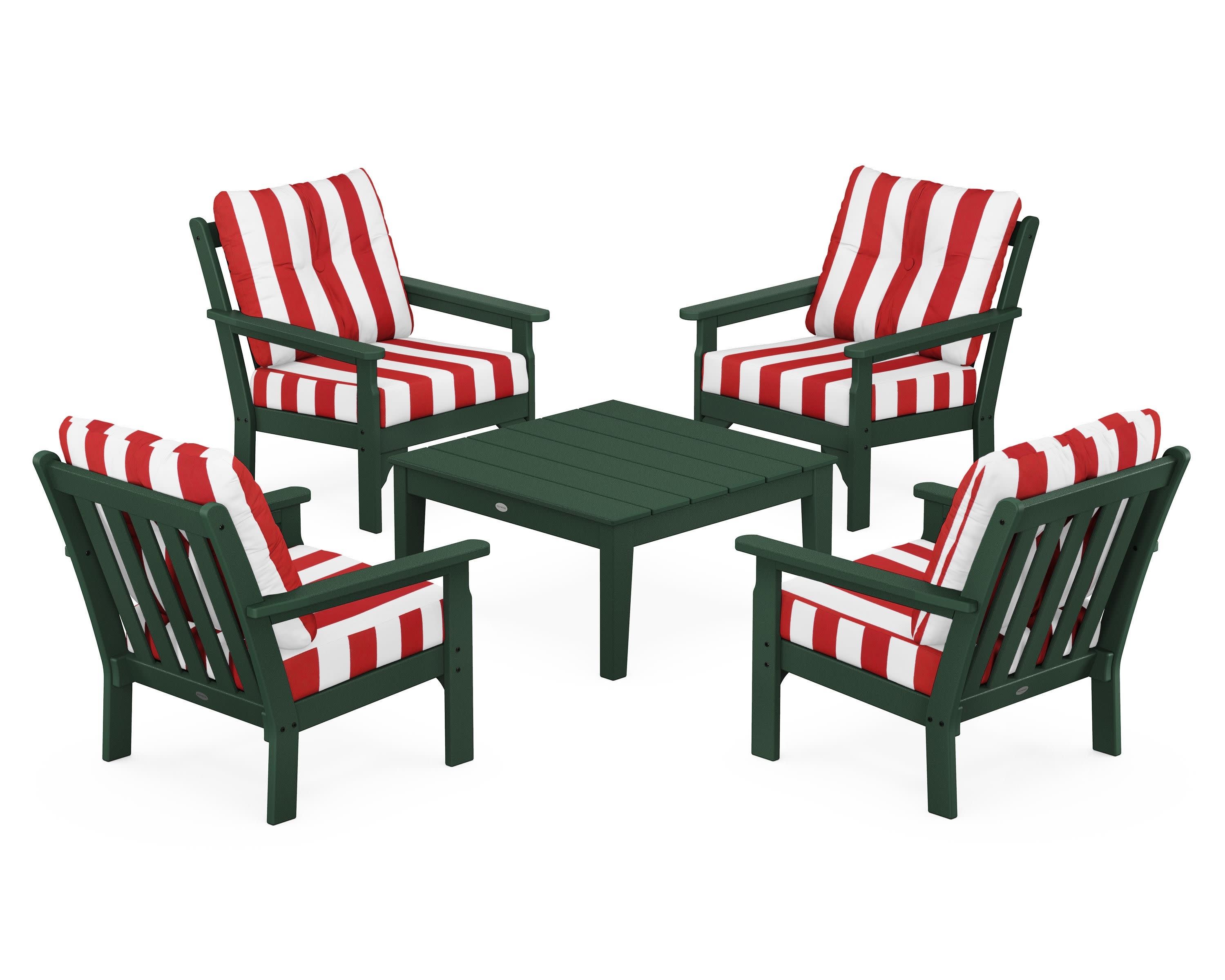 Vineyard 5-Piece Deep Seating Conversation Set in Green / Cabana Stripe Crimson