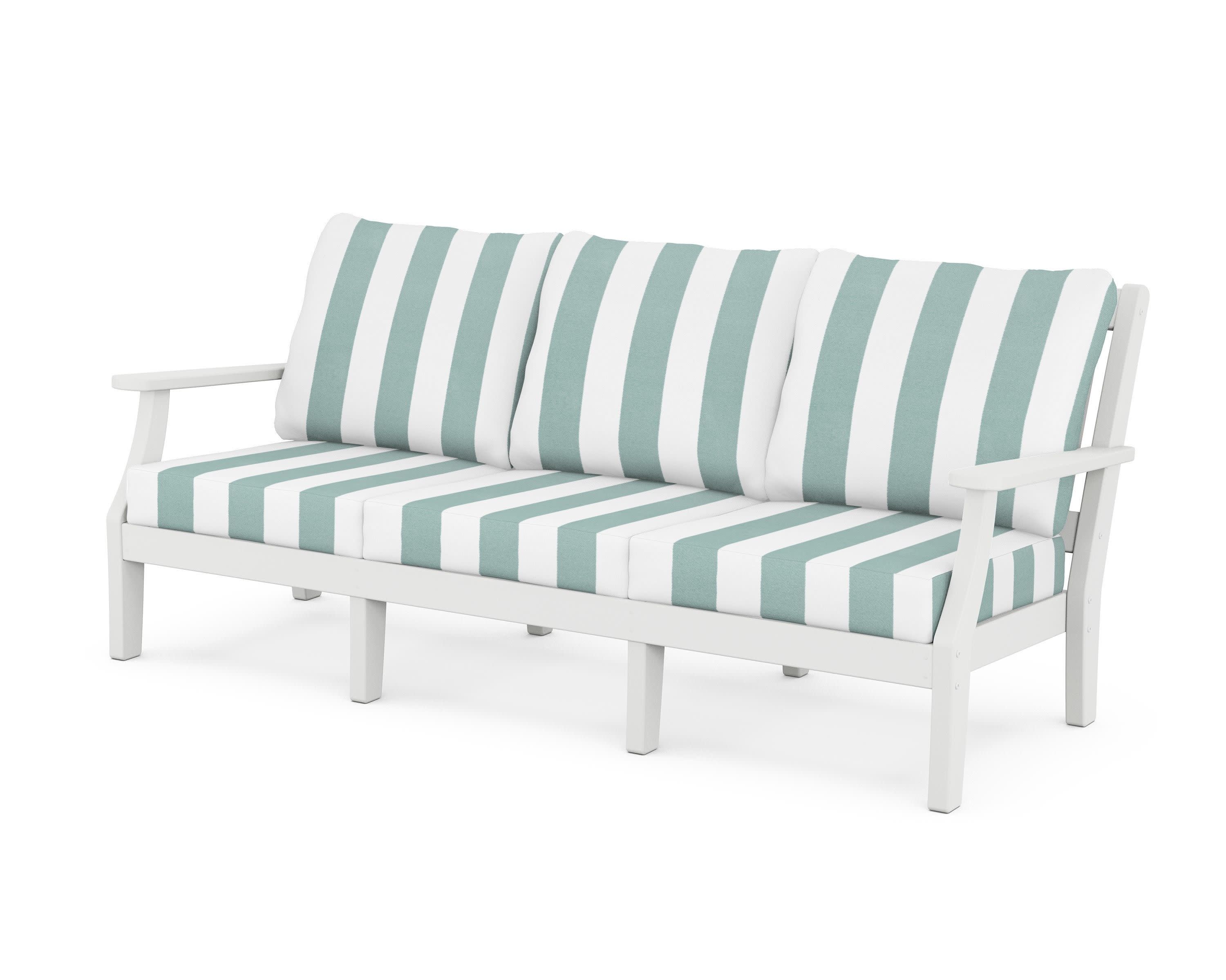 Chinoiserie Deep Seating Sofa in White / Cabana Stripe Glacier Spa