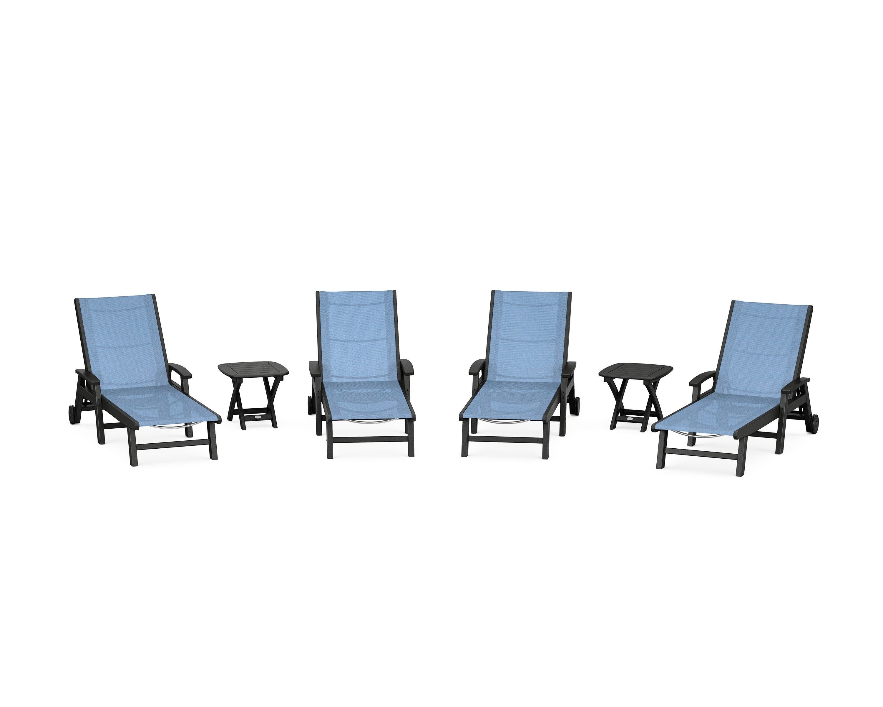 Coastal Chaise 6-Piece Set with Wheels in Black / Poolside Sling