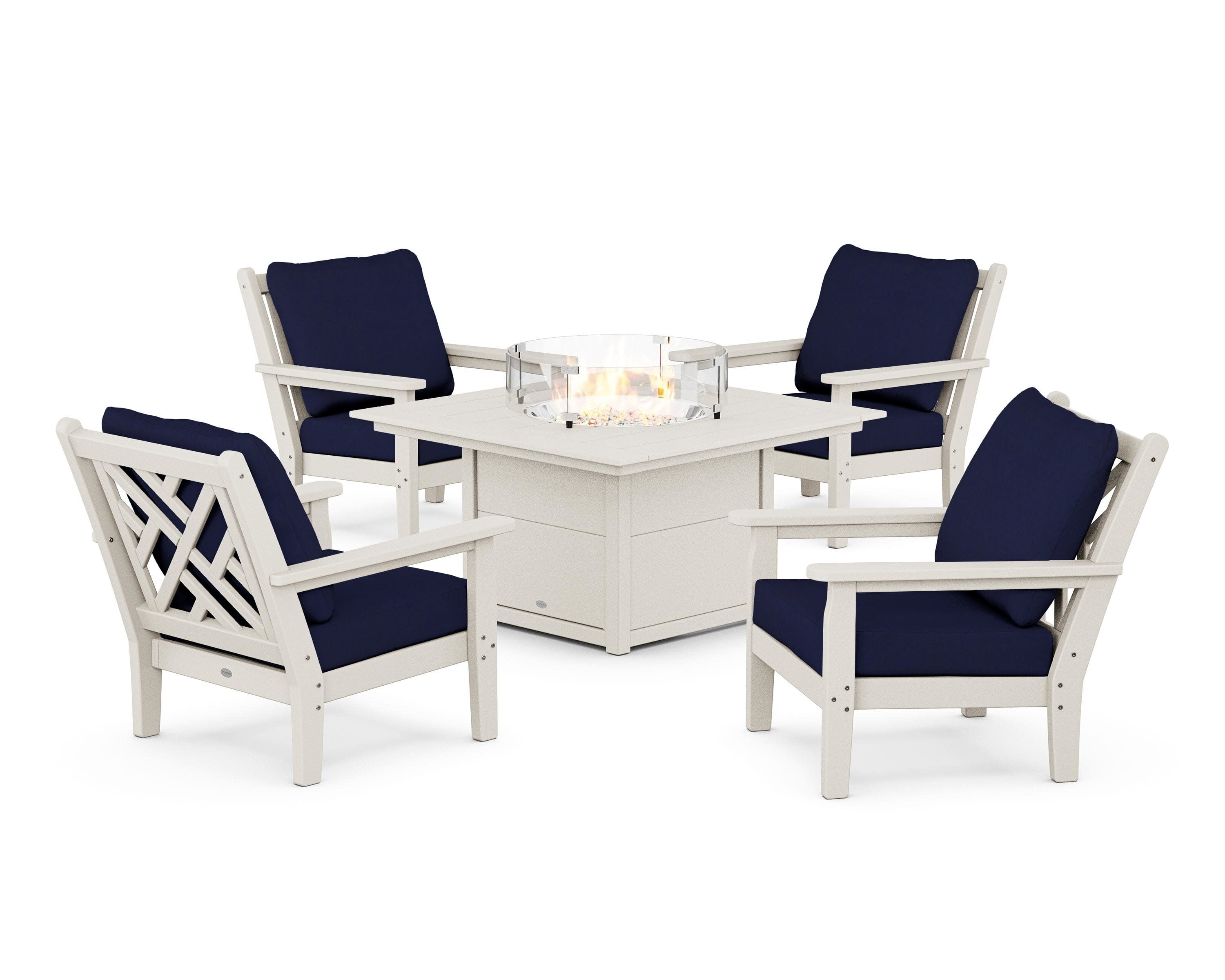 Chippendale 5-Piece Deep Seating Set with Fire Pit Table in Sand / Navy
