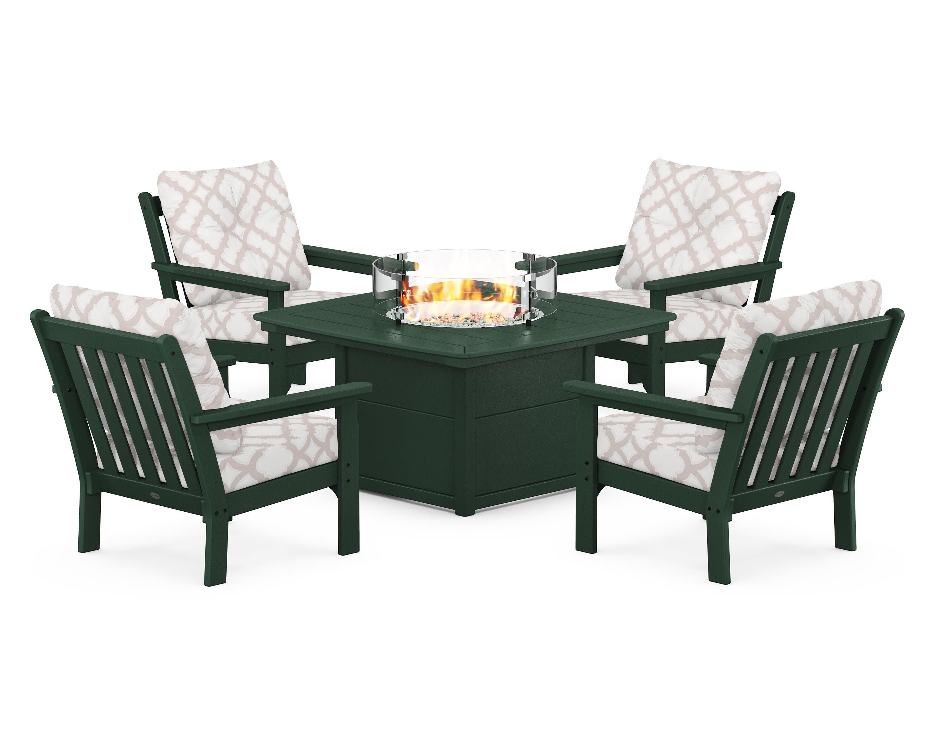 Vineyard 5-Piece Conversation Set with Fire Pit Table in Green / Trellis Dune Burlap