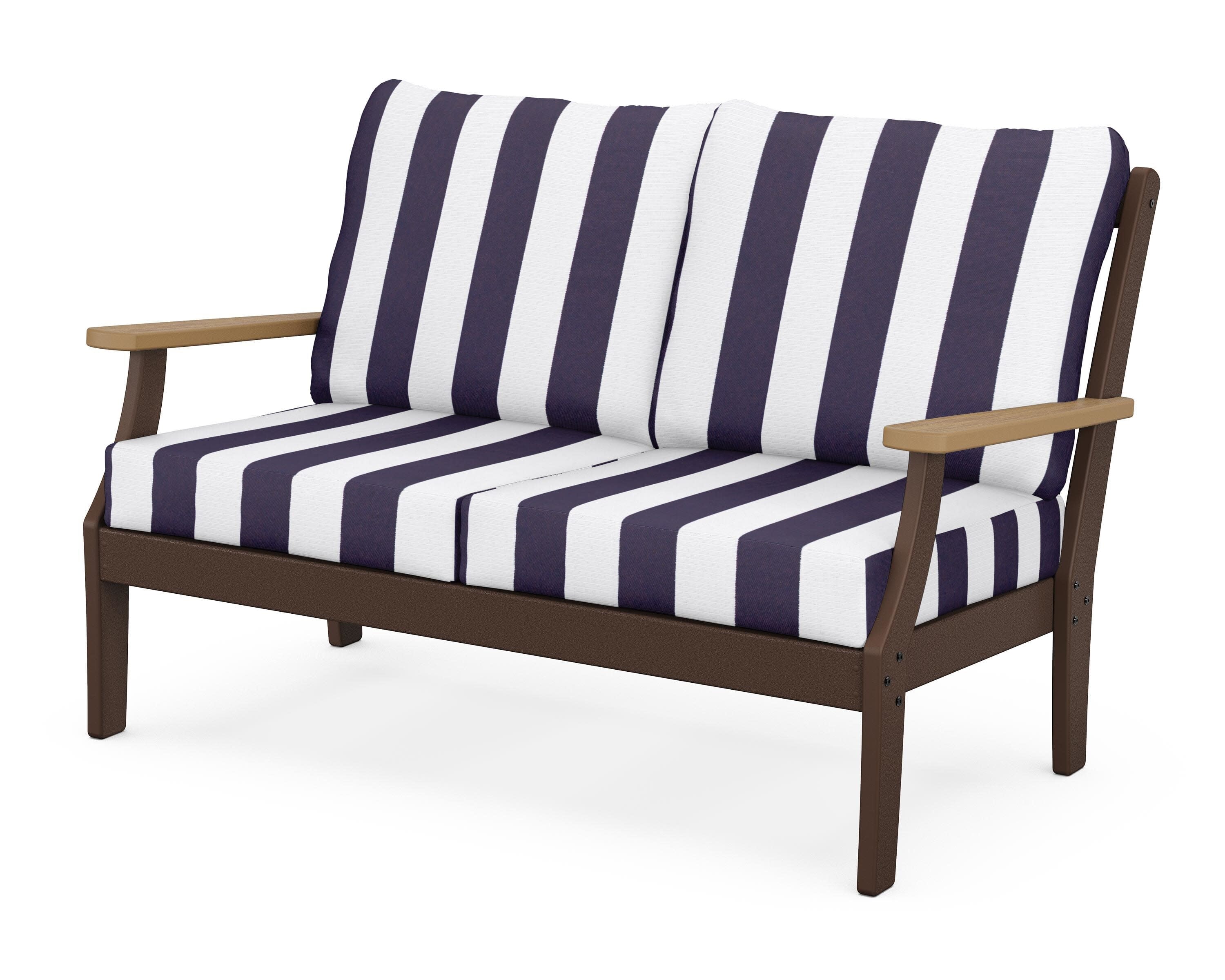 Braxton Deep Seating Loveseat in Mahogany / Natural / Cabana Stripe Navy