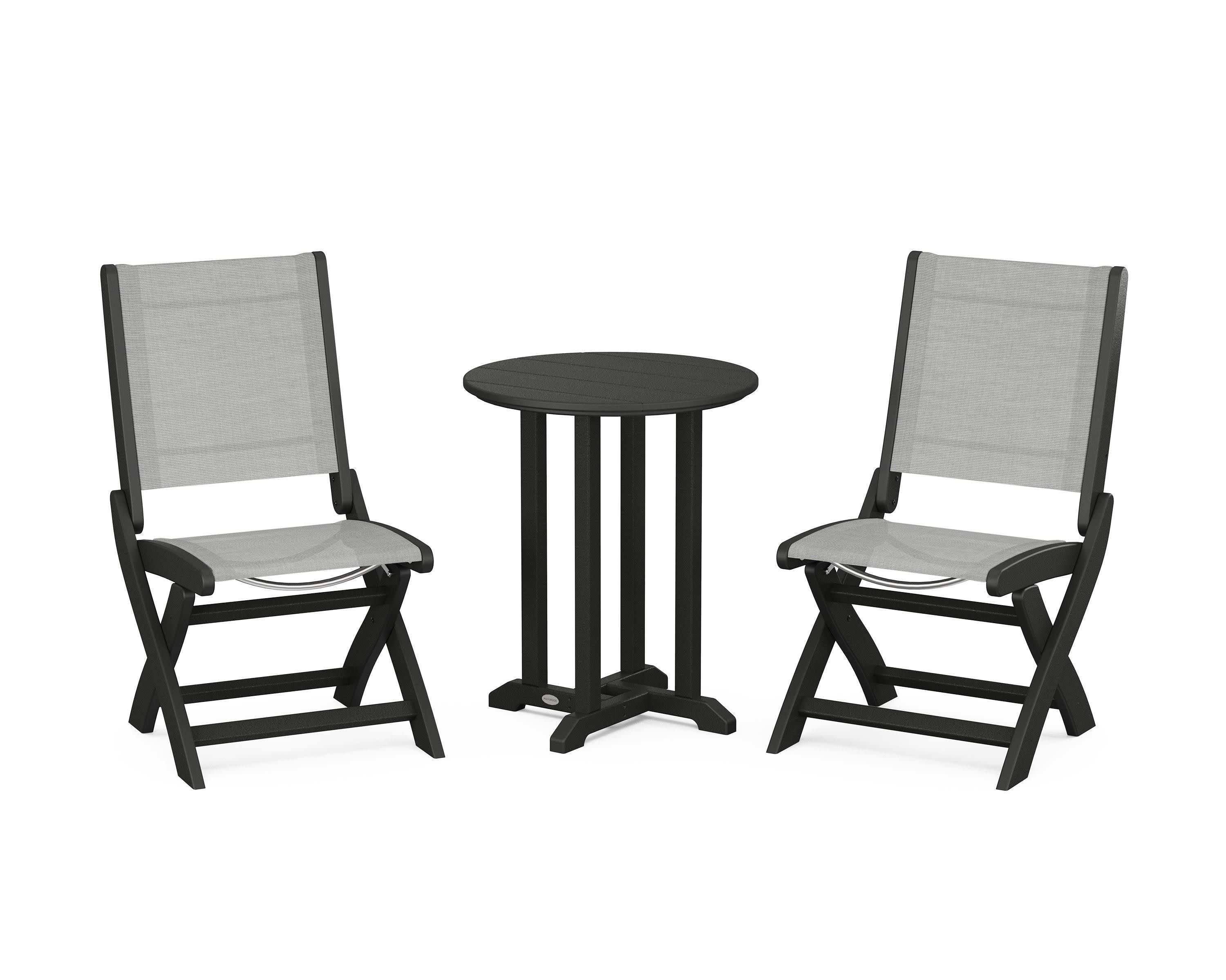 Coastal Folding Side Chair 3-Piece Round Bistro Dining Set in Black / Metallic Sling