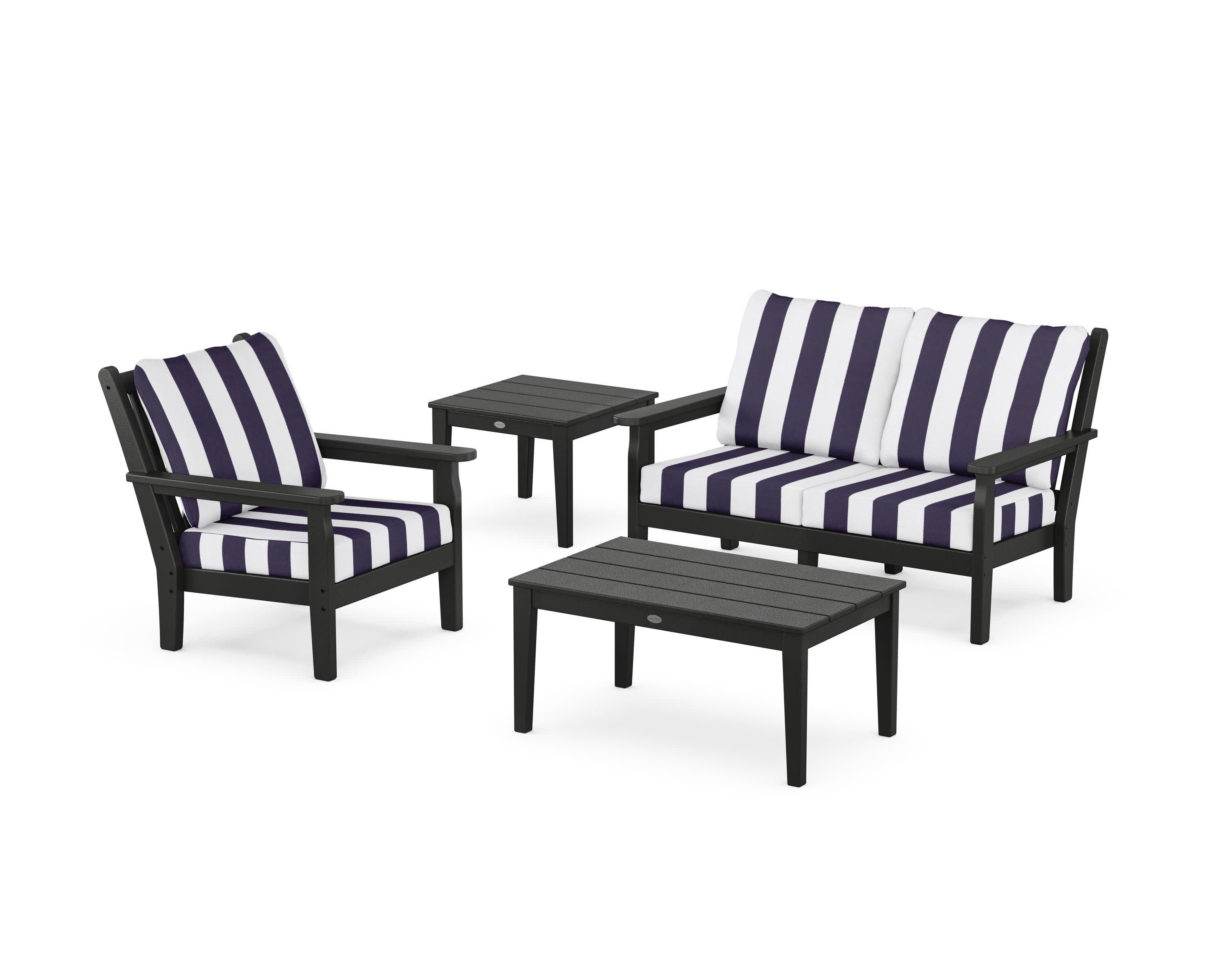 Chippendale 4-Piece Deep Seating Set in Black / Cabana Stripe Navy