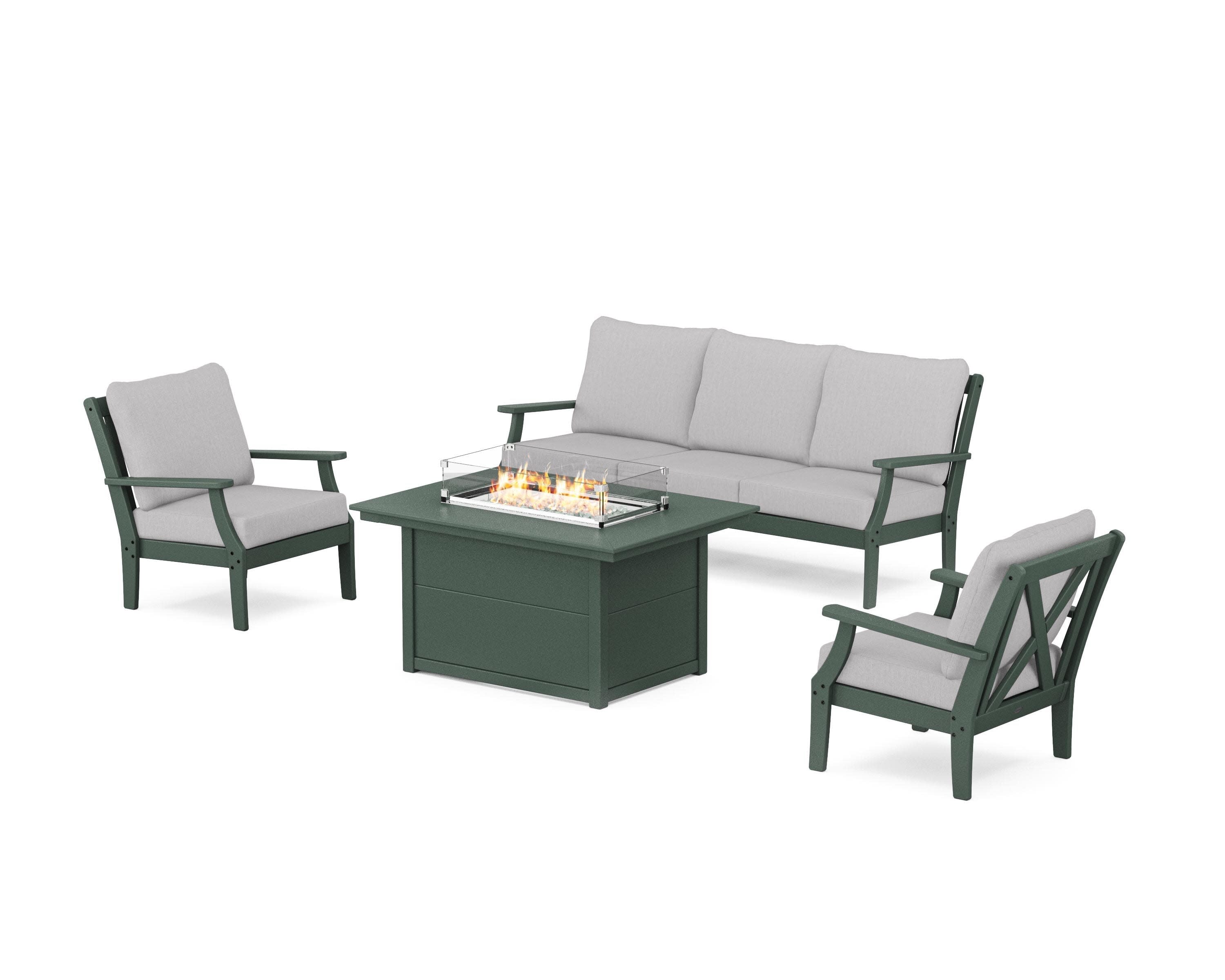 Braxton Deep Seating Fire Pit Table Set in Green / Granite