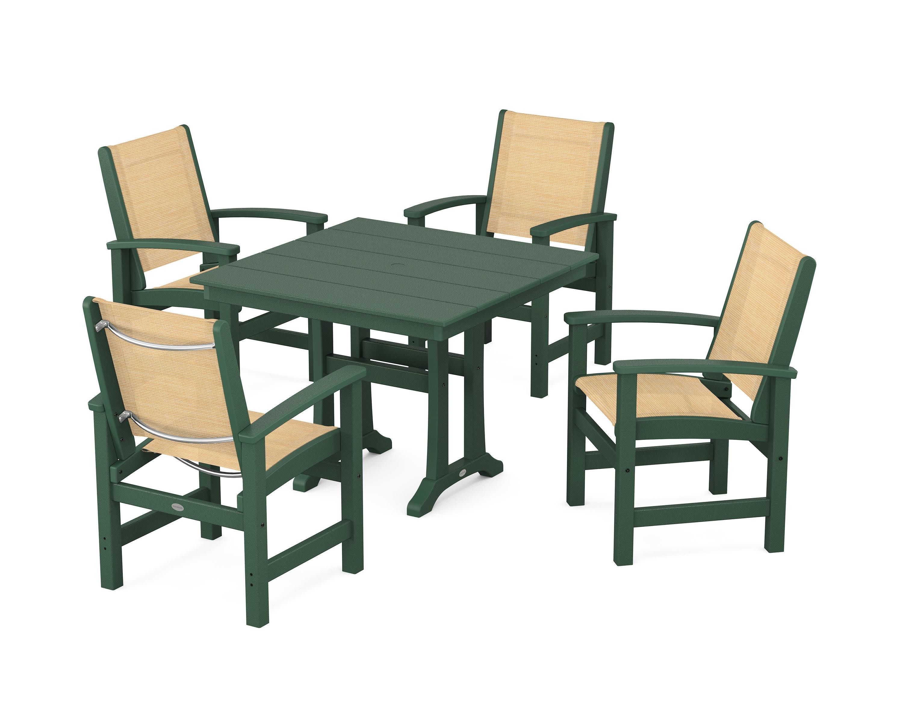 Coastal 5-Piece Farmhouse Dining Set With Trestle Legs in Green / Dupioni Apricot Sling