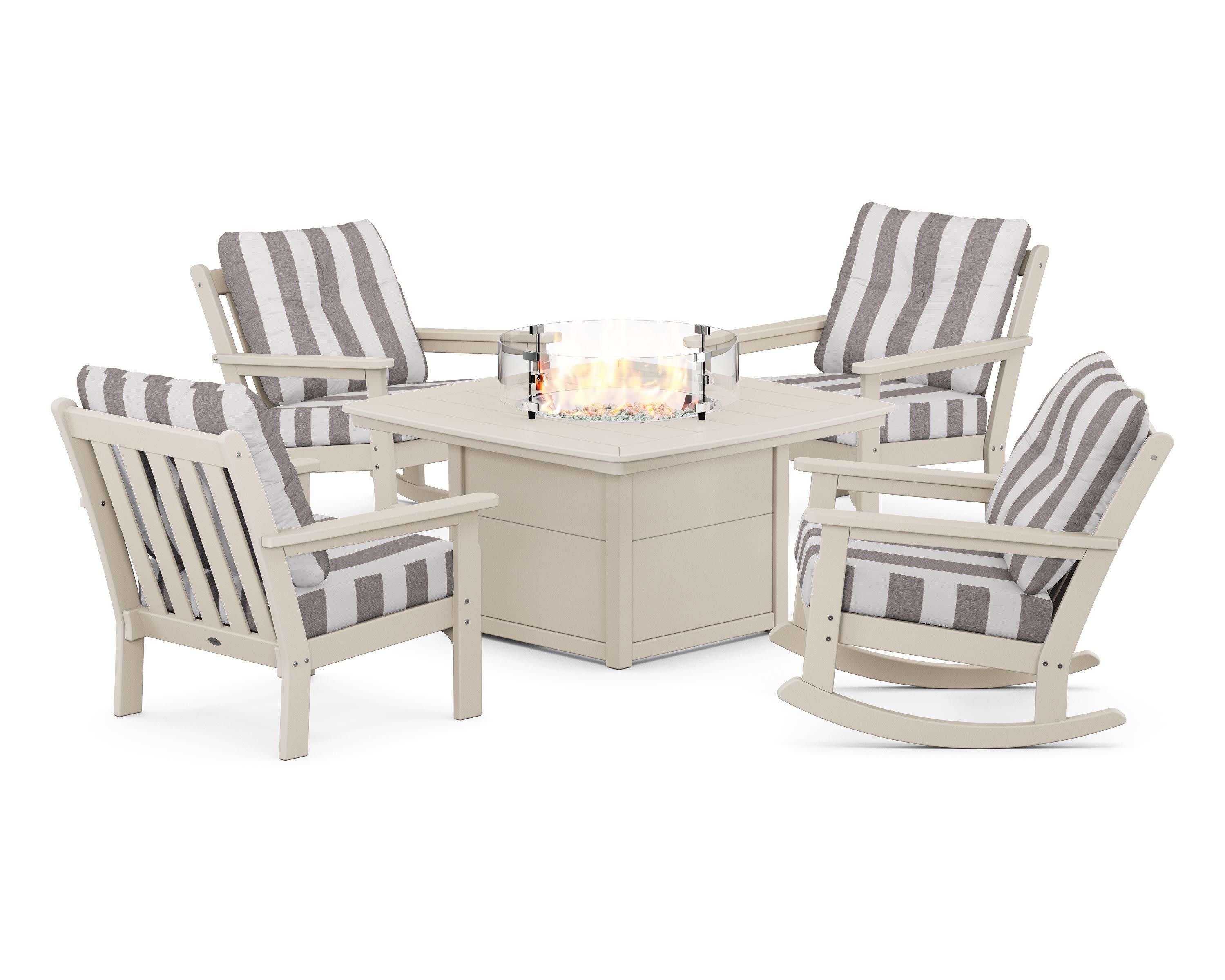 Vineyard 5-Piece Deep Seating Rocking Chair Conversation Set with Fire Pit Table in Sand / Cabana Stripe Grey Mist