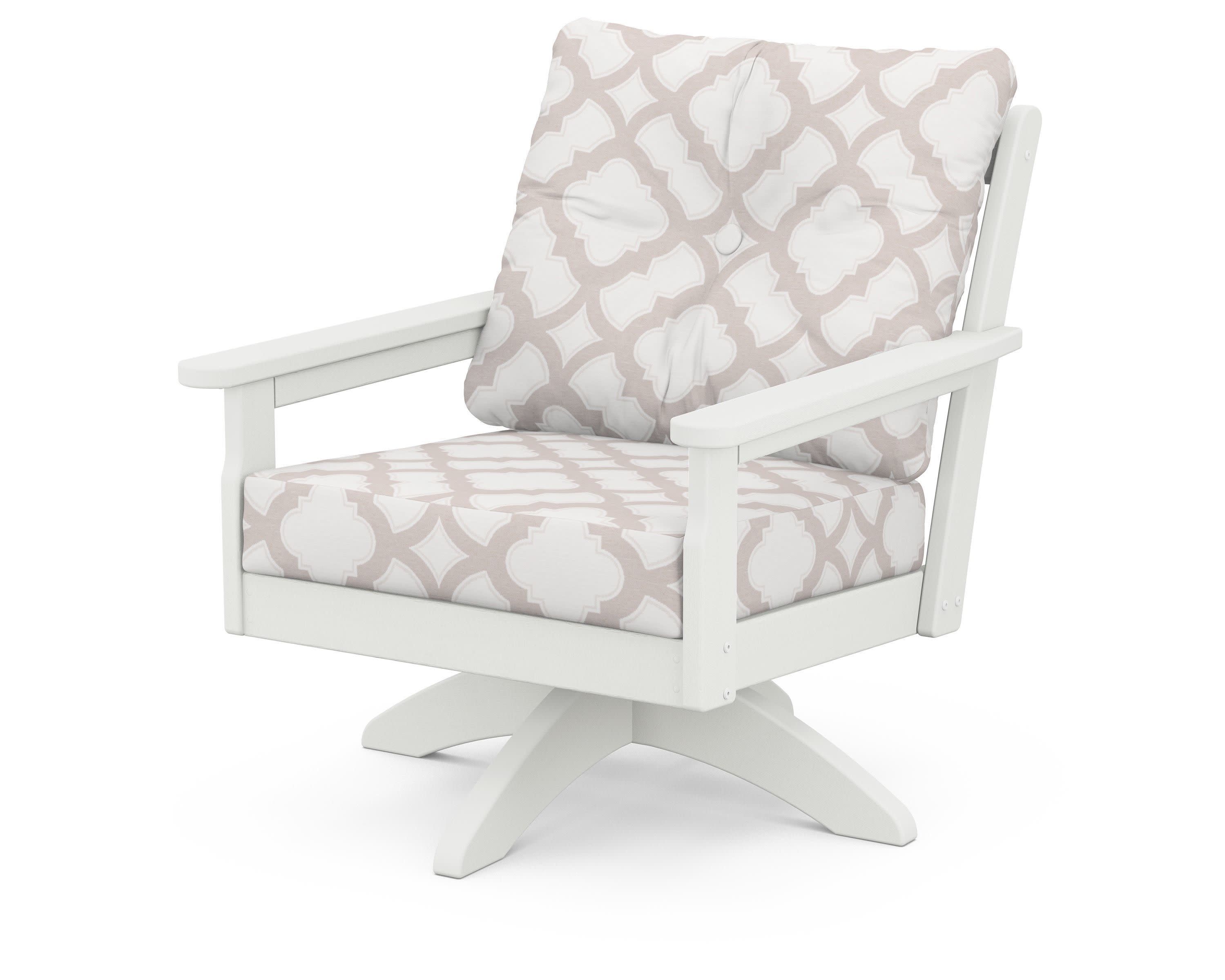 Vineyard Deep Seating Swivel Chair in Vintage White / Trellis Dune Burlap