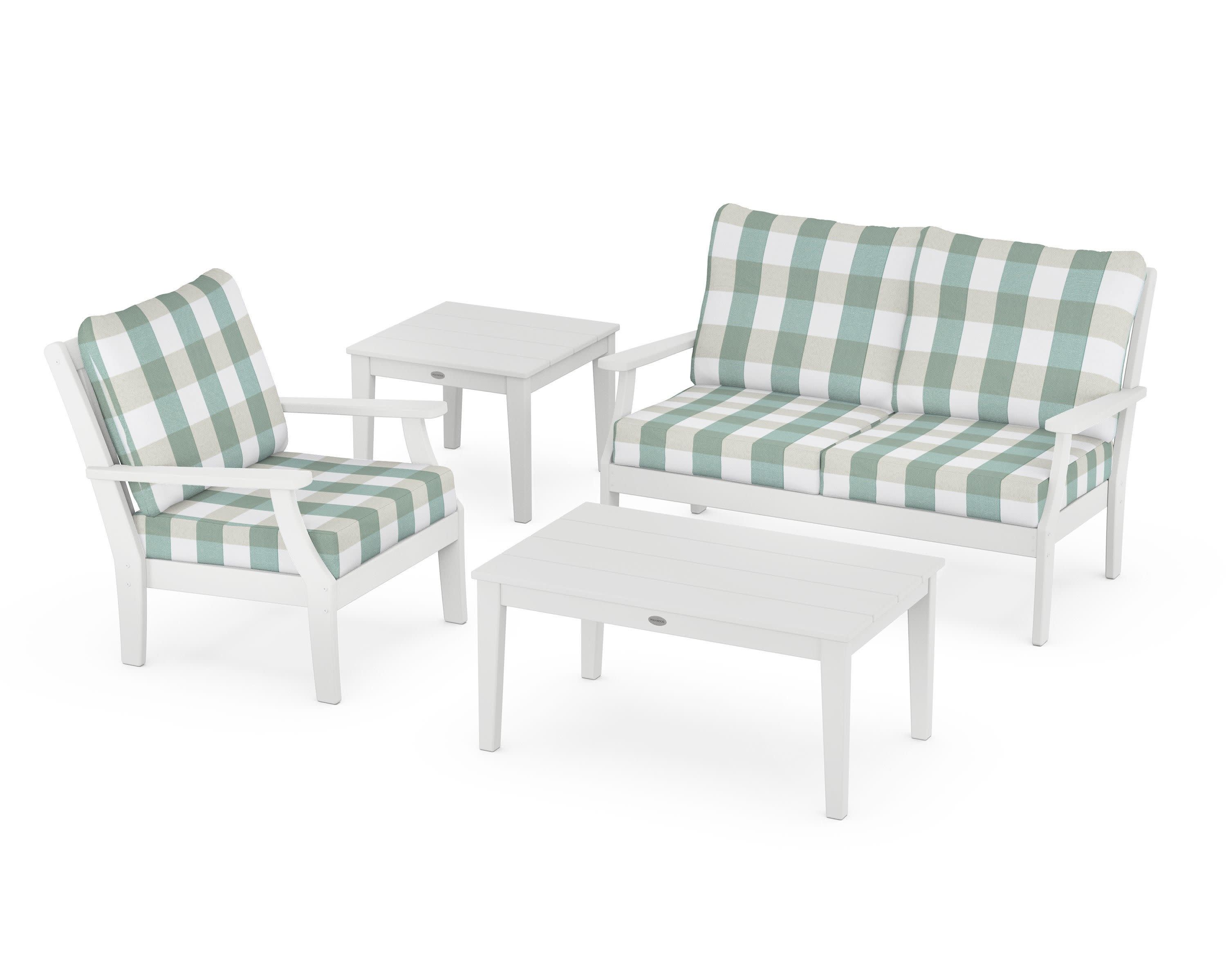 Braxton 4-Piece Deep Seating Set in White / Buffalo Plaid Glacier Spa