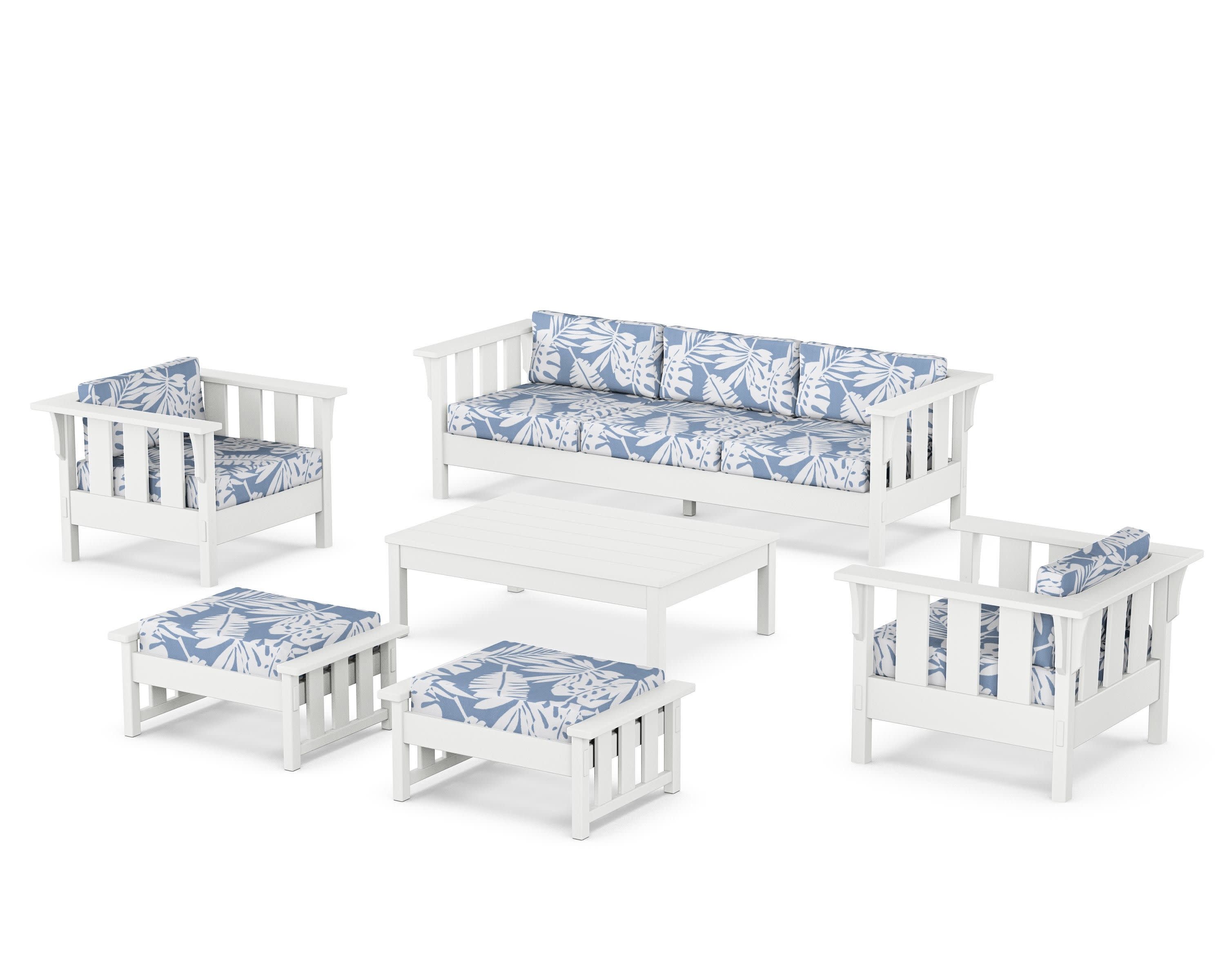 Acadia 6-Piece Lounge Sofa Set in White / Leaf Sky Blue