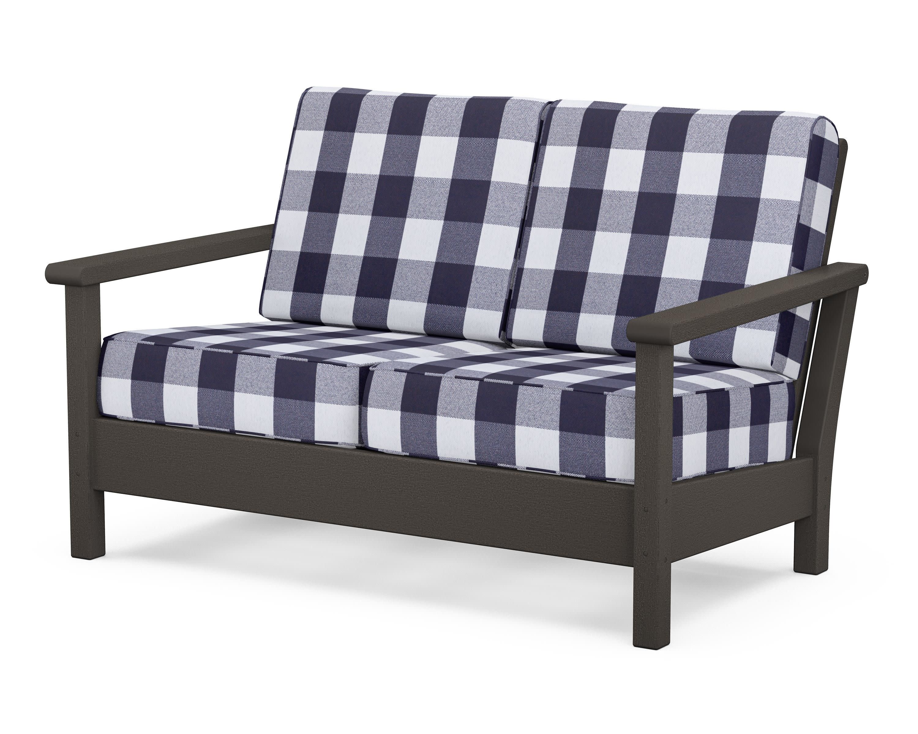 Harbour Deep Seating Loveseat in Vintage Coffee / Buffalo Plaid Navy