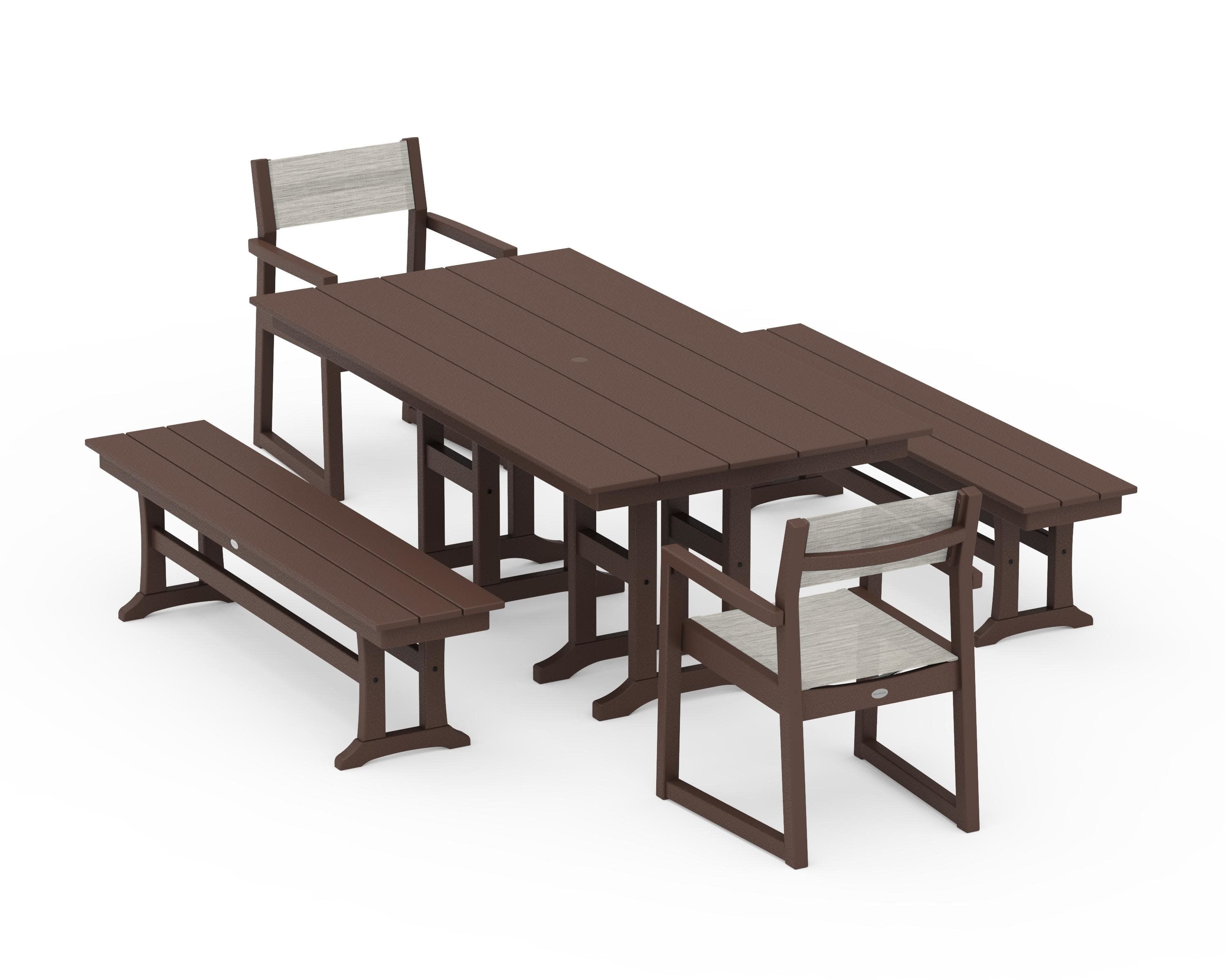 EDGE Sling Arm Chair 5-Piece Farmhouse Dining Set with Benches in Mahogany / Birch Sling