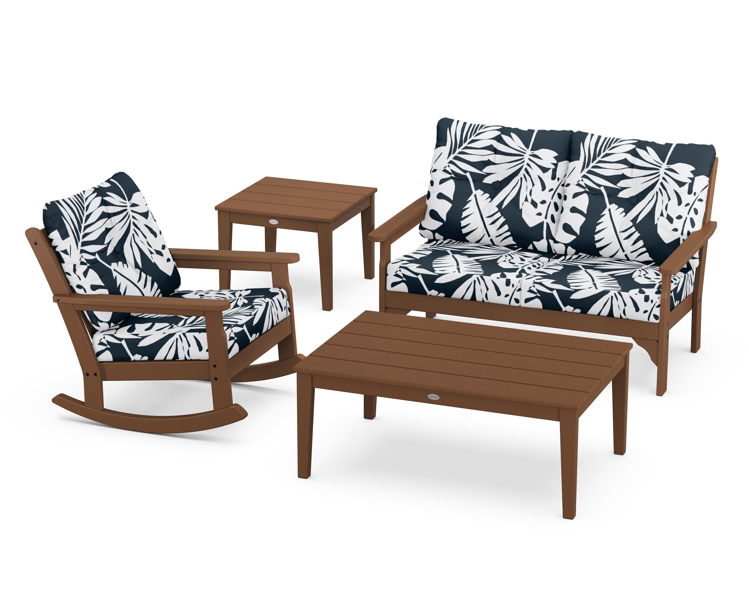 Vineyard 4-Piece Deep Seating Rocker Set in Teak / Leaf Marine Indigo