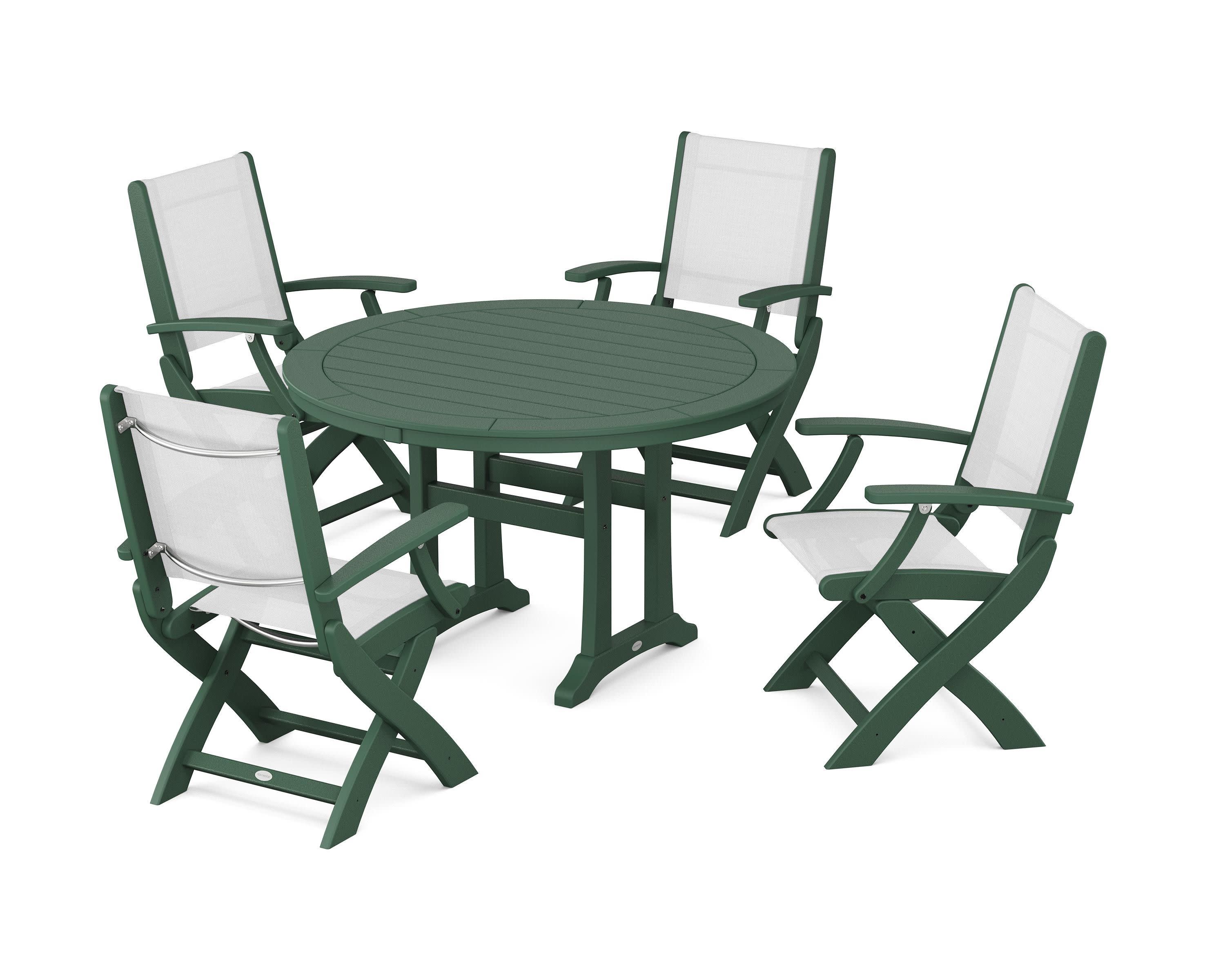 Coastal Folding Chair 5-Piece Round Dining Set with Trestle Legs in Green / White Sling