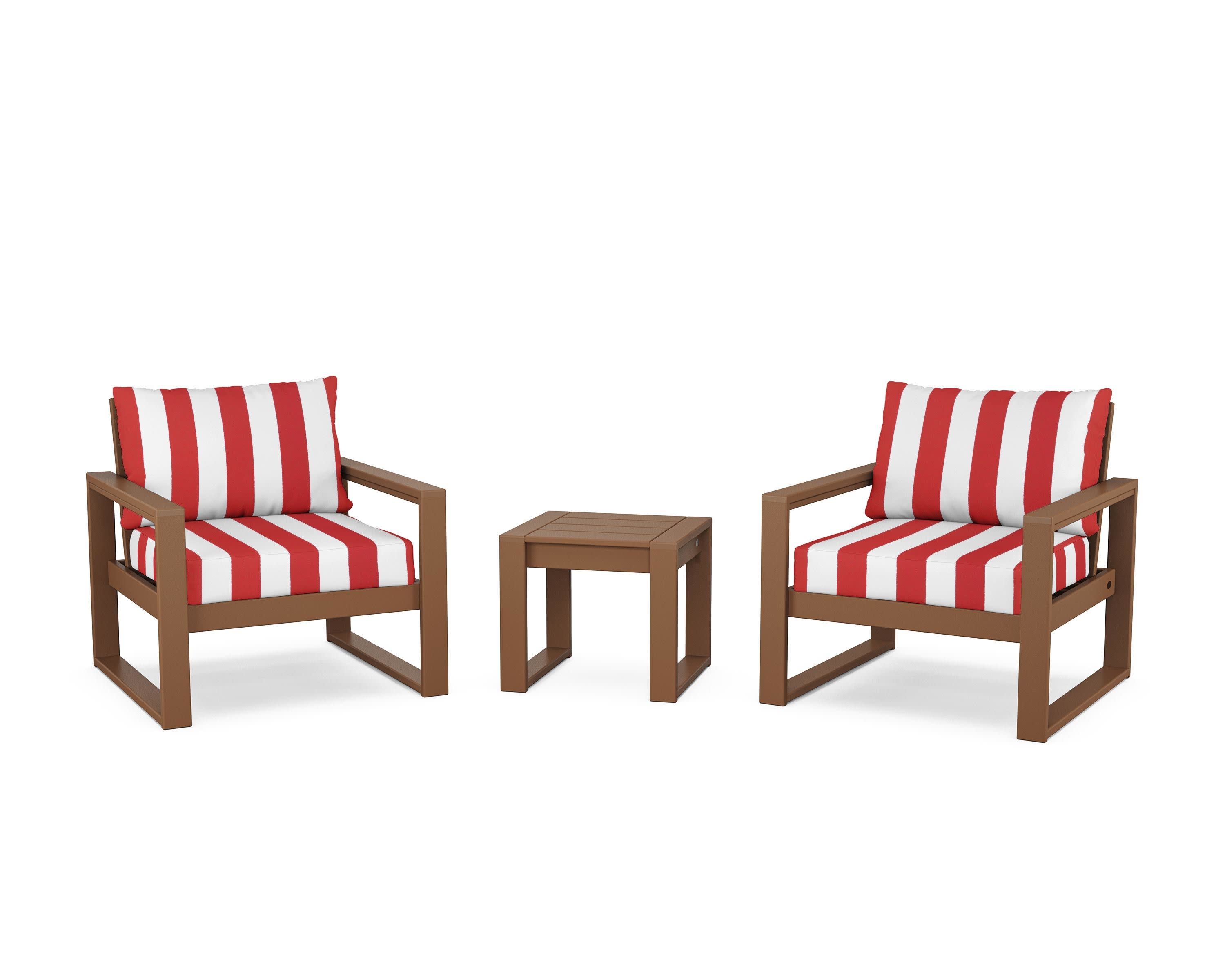 EDGE Sectional 3-Piece Deep Seating Set in Teak / Cabana Stripe Crimson