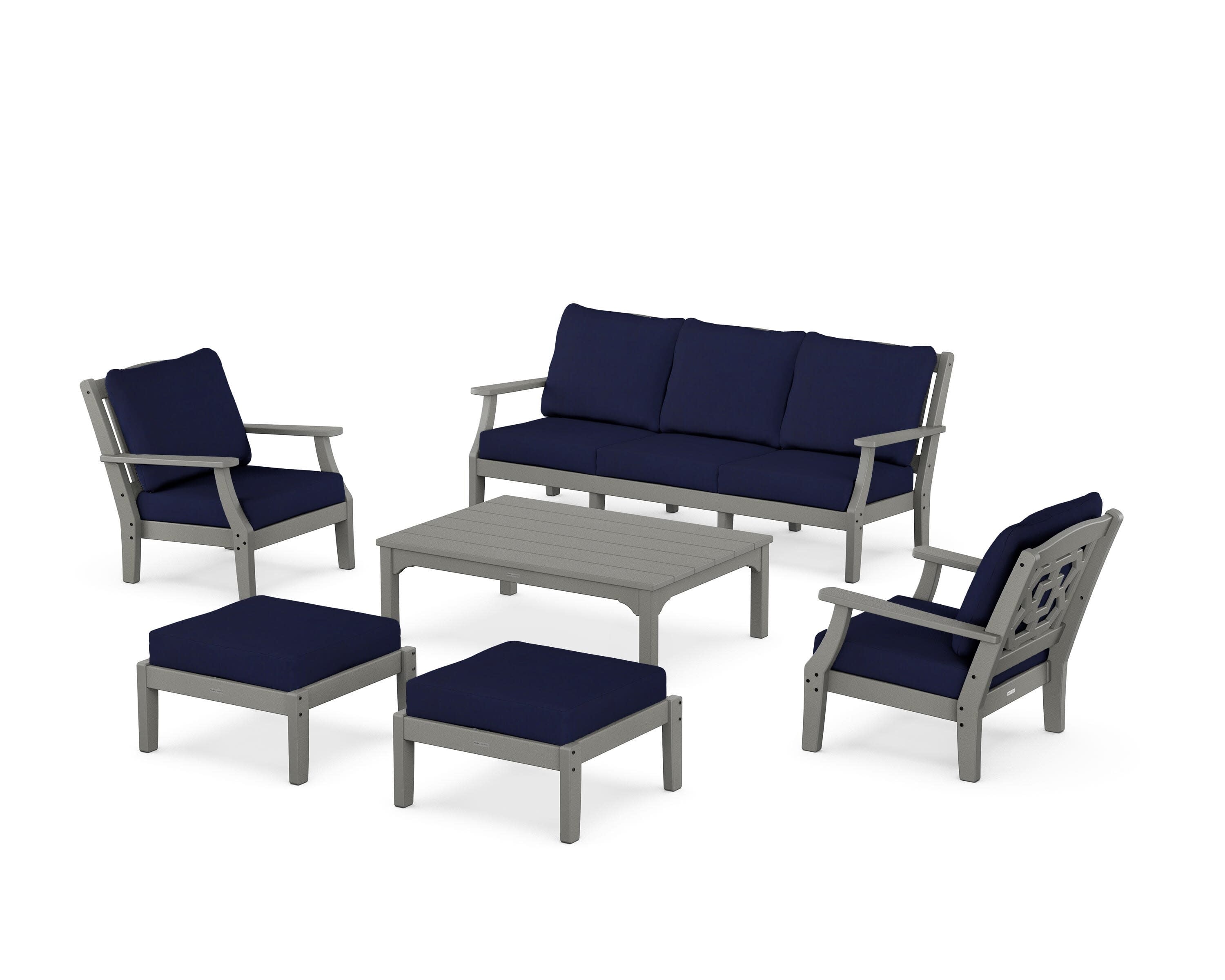 Chinoiserie 6-Piece Lounge Sofa Set in Slate Grey / Navy