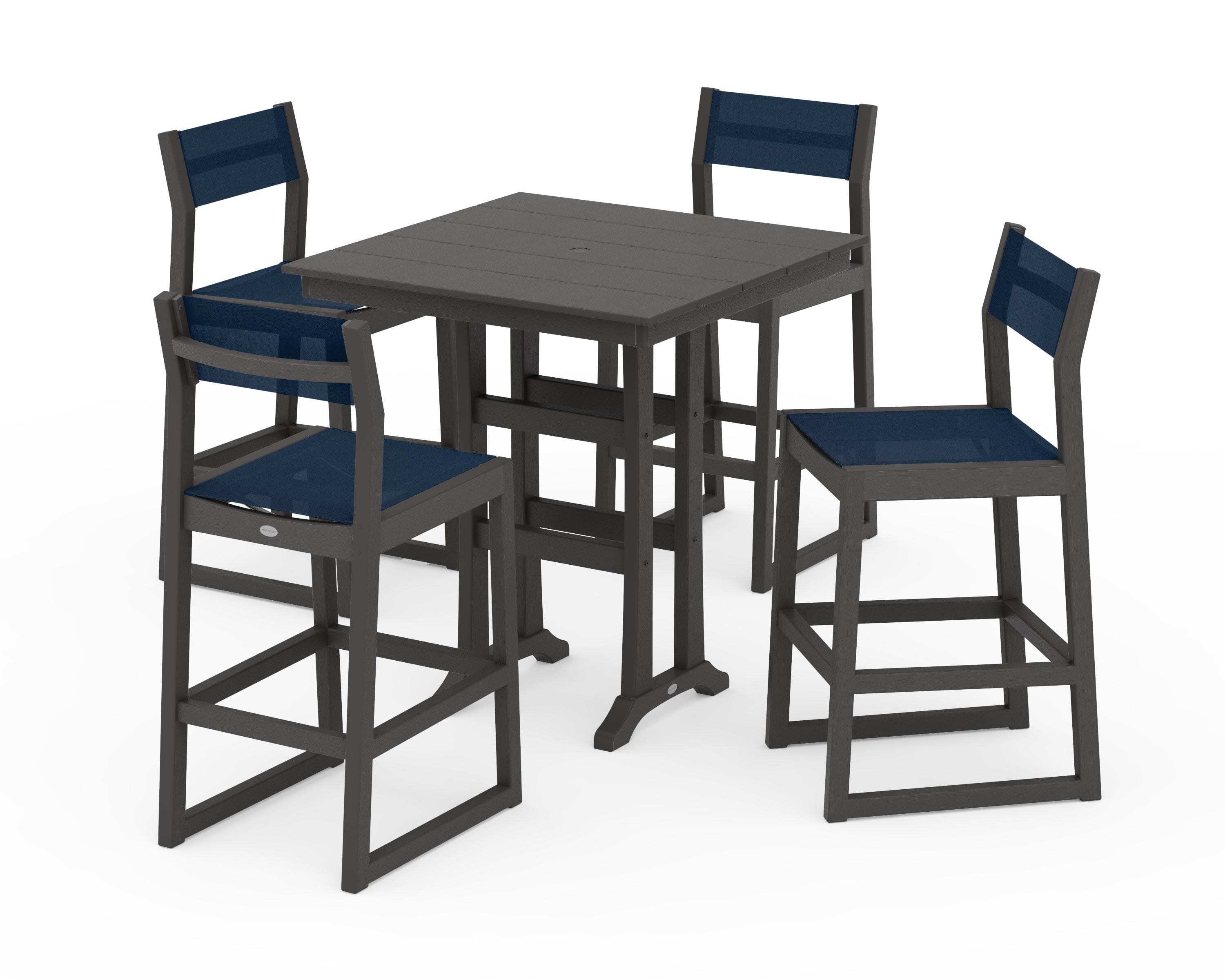 EDGE Sling Arm Chair 5-Piece Farmhouse Bar Set with Trestle Legs in Vintage Coffee / Navy Blue Sling